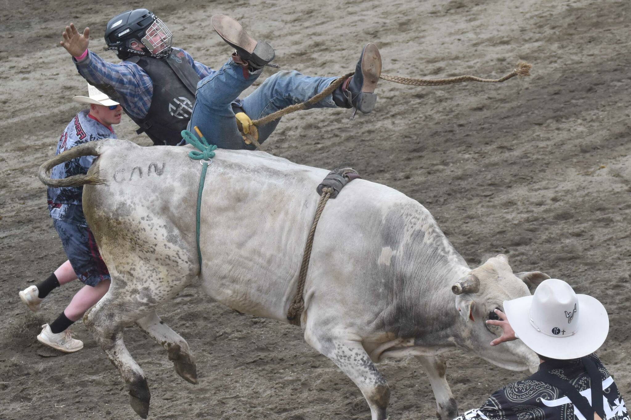 Jesse Kitson competes in Bull Riding at the third Soldotna Equestrian Association rodeo of the season Sunday, July 28, 2024, at the Soldotna Rodeo Grounds in Soldotna, Alaska. (Photo by Jeff Helminiak/Peninsula Clarion)