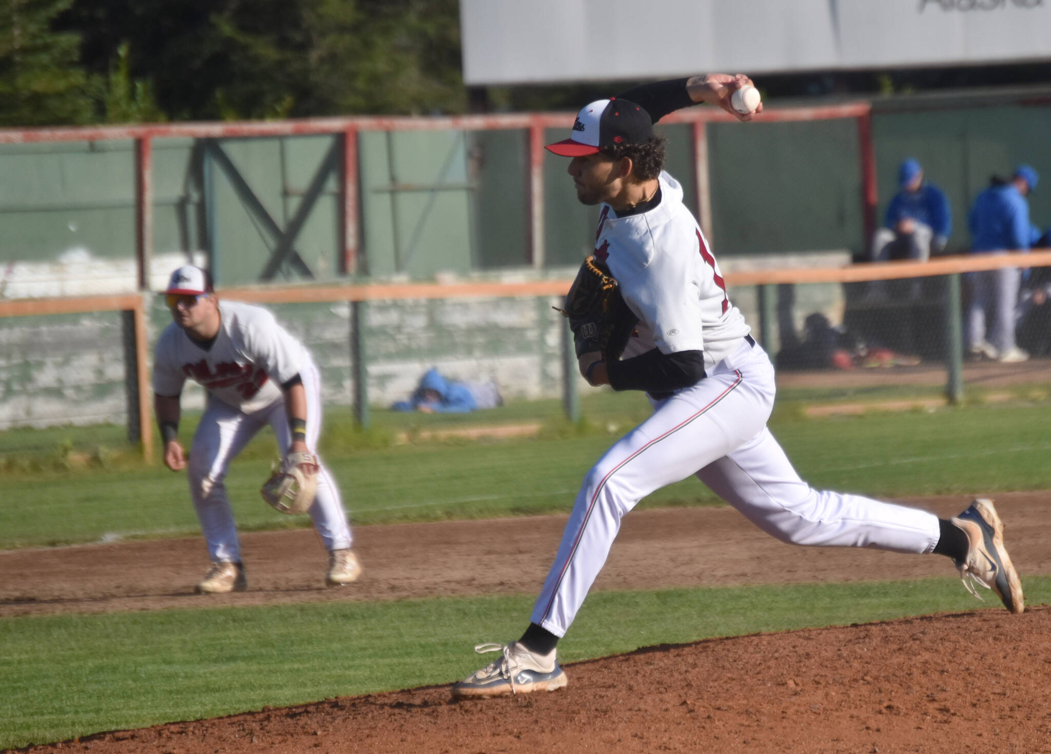 Oilers reliever Nathan Hoffman delivers to the Anchorage Glacier Pilots on Monday, July 29, 2024, at Coral Seymour Memorial Park in Kenai, Alaska. (Photo by Jeff Helminiak/Peninsula Clarion)