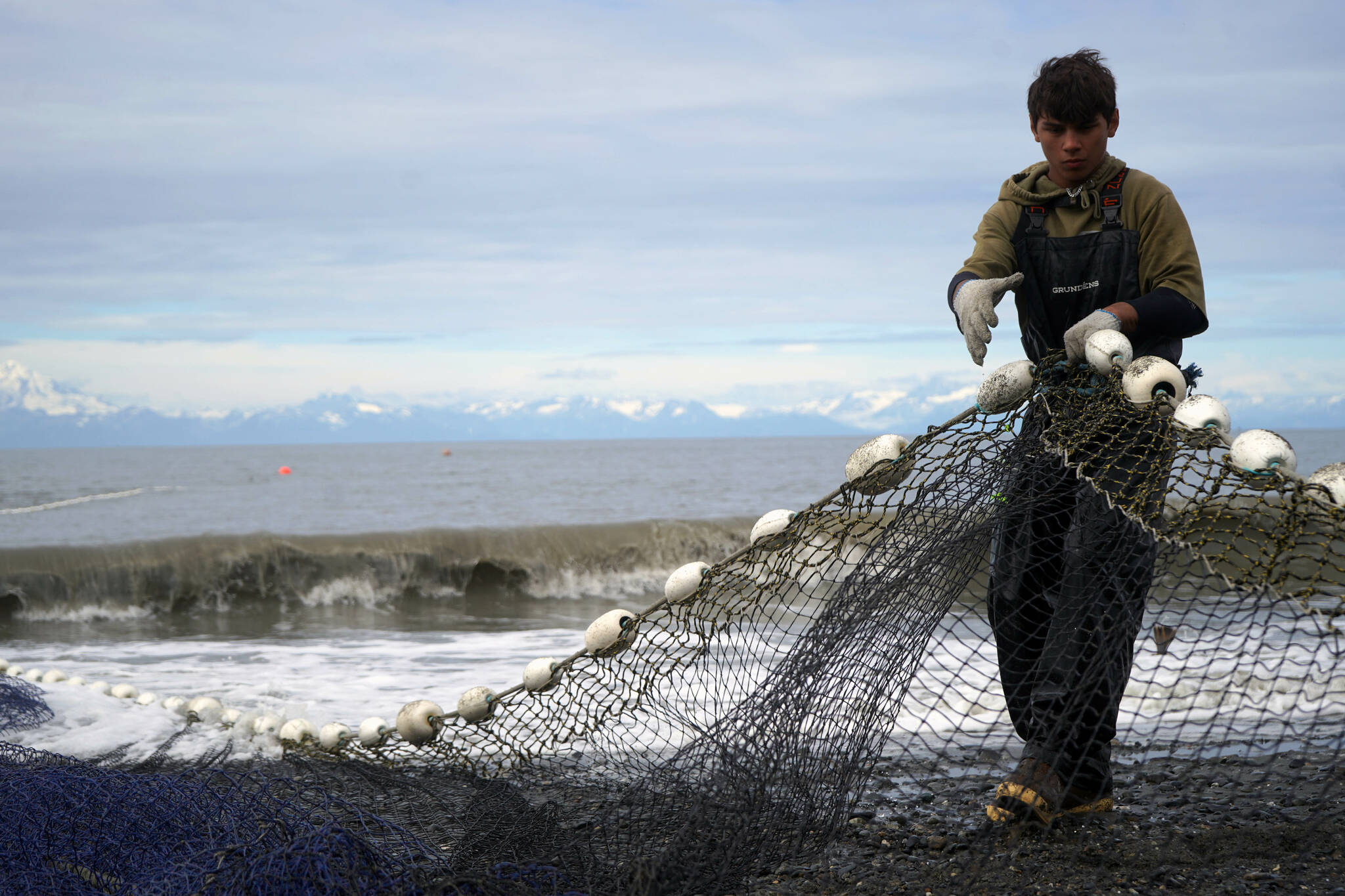 Beach seine nets are dragged back out into the waters of Cook Inlet at a test site near Kenai, Alaska, on Tuesday, July 30, 2024. (Jake Dye/Peninsula Clarion)