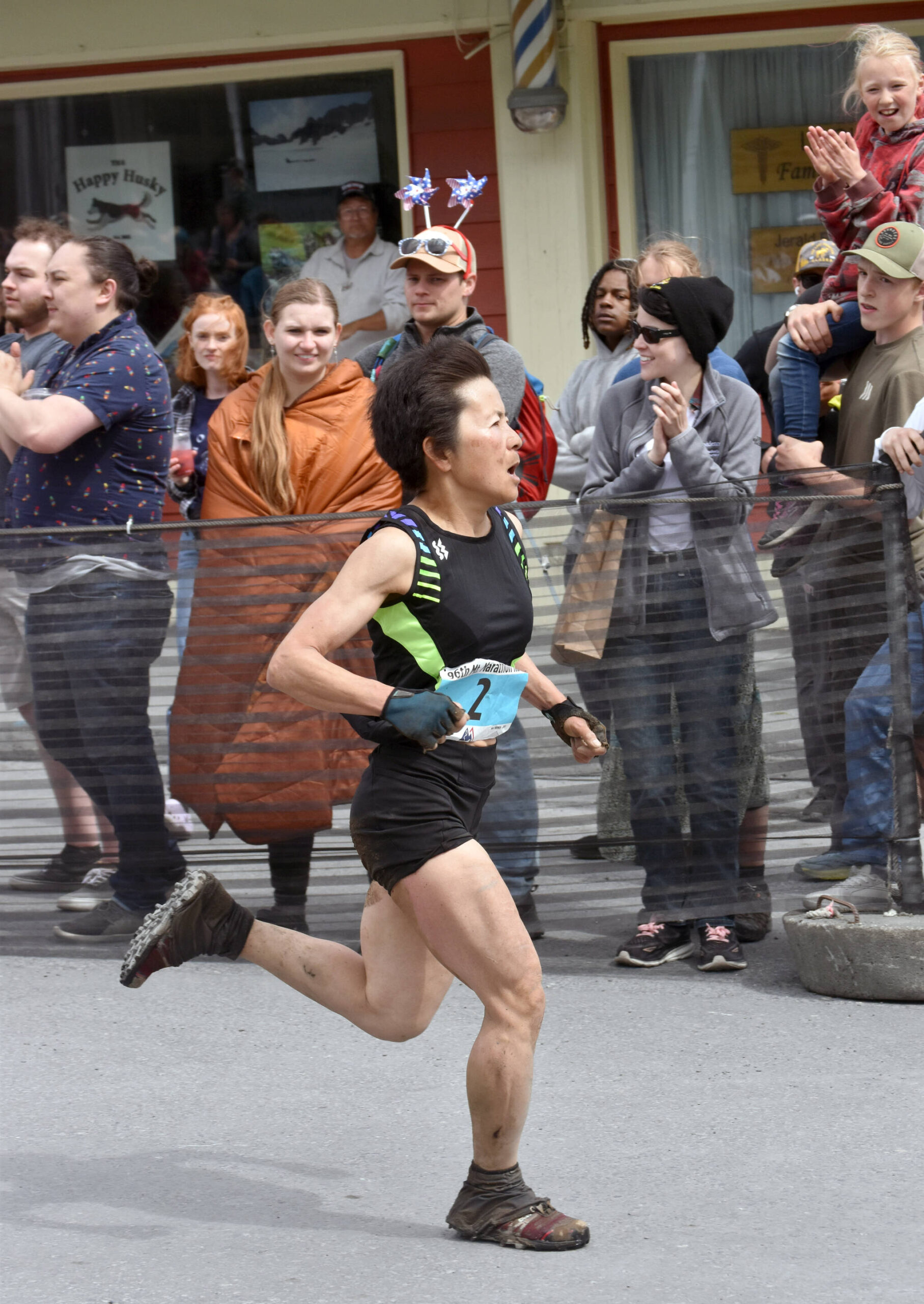 Palmer’s Meg Inokuma finishes third in the women’s race at the Mount Marathon Race on Thursday, July 4, 2024, in Seward, Alaska. (Photo by Jeff Helminiak/Peninsula Clarion)