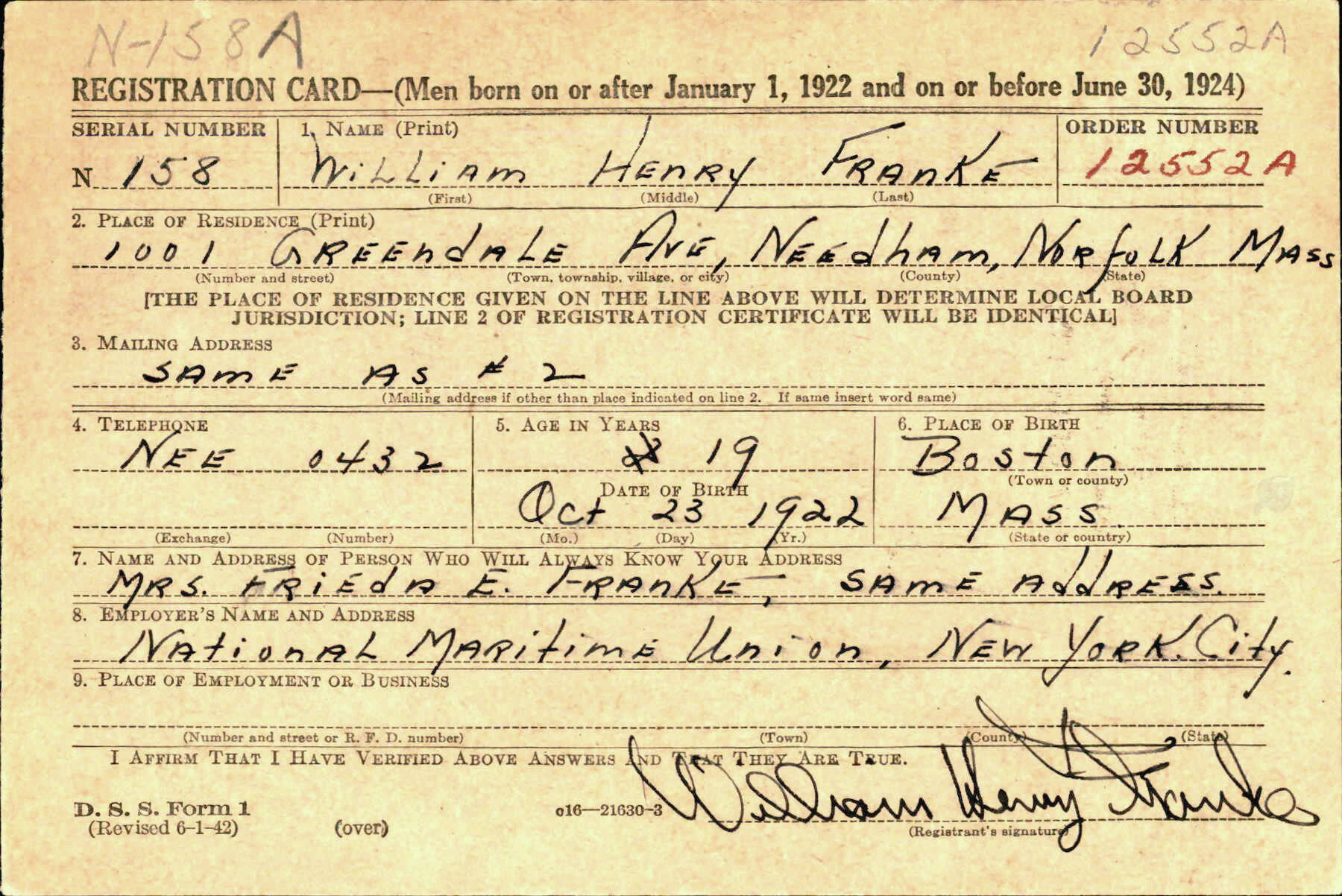 William Henry Franke signed this draft-registration card in August 1942 in Massachusetts. At the time, he was serving with the U.S. Merchant Marine. Four years later, he would move to the Kenai Peninsula. In January 1948, he would kill Ethen Cunningham.