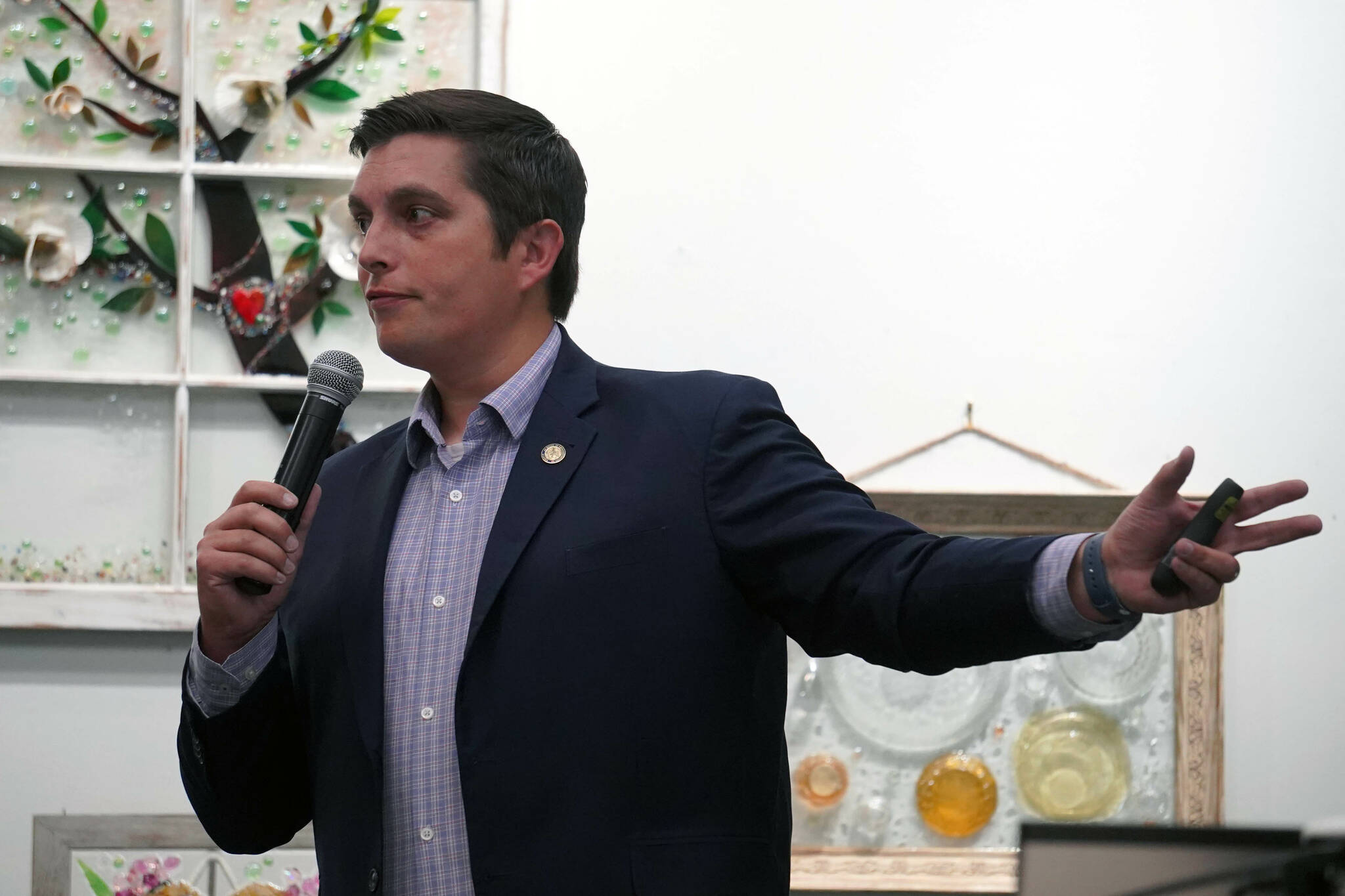 Rep. Justin Ruffridge, R-Soldotna, speaks to the joint Kenai and Soldona Chambers of Commerce at the Kenai Chamber of Commerce and Visitor Center in Kenai, Alaska, on Wednesday, July 31. (Jake Dye/Peninsula Clarion)