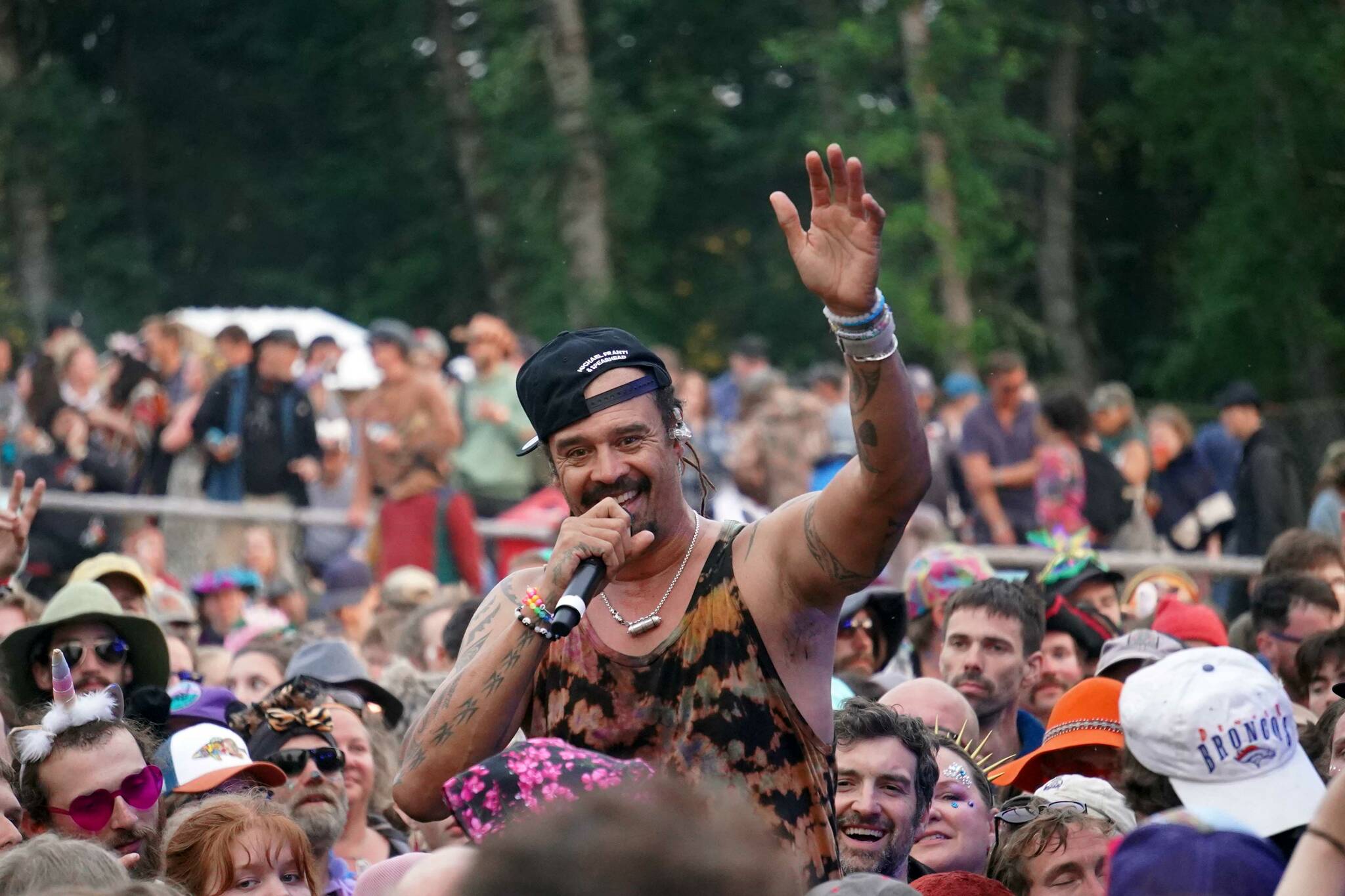 Michael Franti & Spearhead perform at Salmonfest in Ninilchik, Alaska, on Saturday, Aug. 3, 2024. (Jake Dye/Peninsula Clarion)