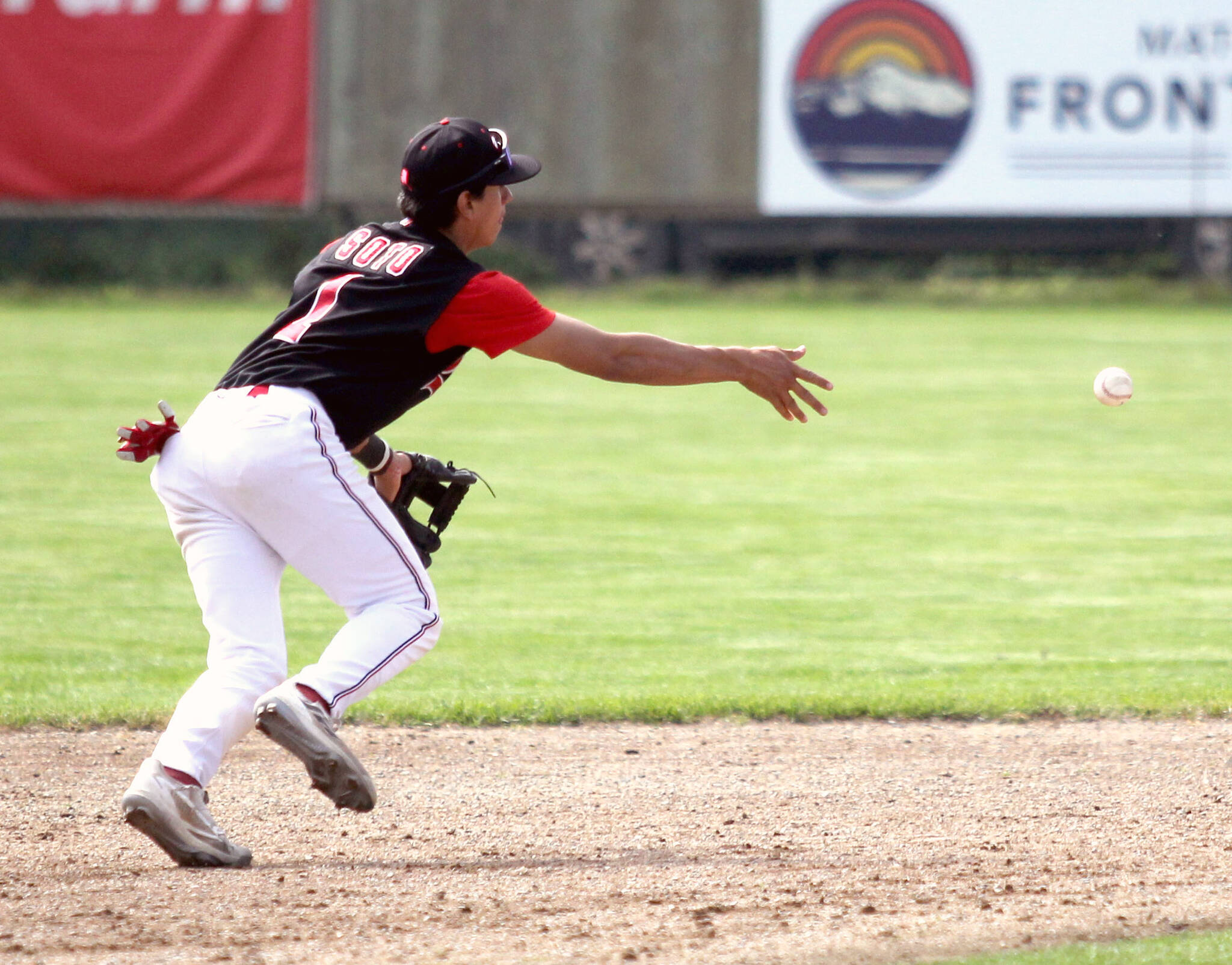 Oilers infielder Petey Soto flips the ball to second during a 6-1 loss to the Mat-Su Miners on Sunday, Aug. 4, 2024, at Hermon Brothers Field in Palmer, Alaska. (Photo by Jeremiah Bartz/Frontiersman)