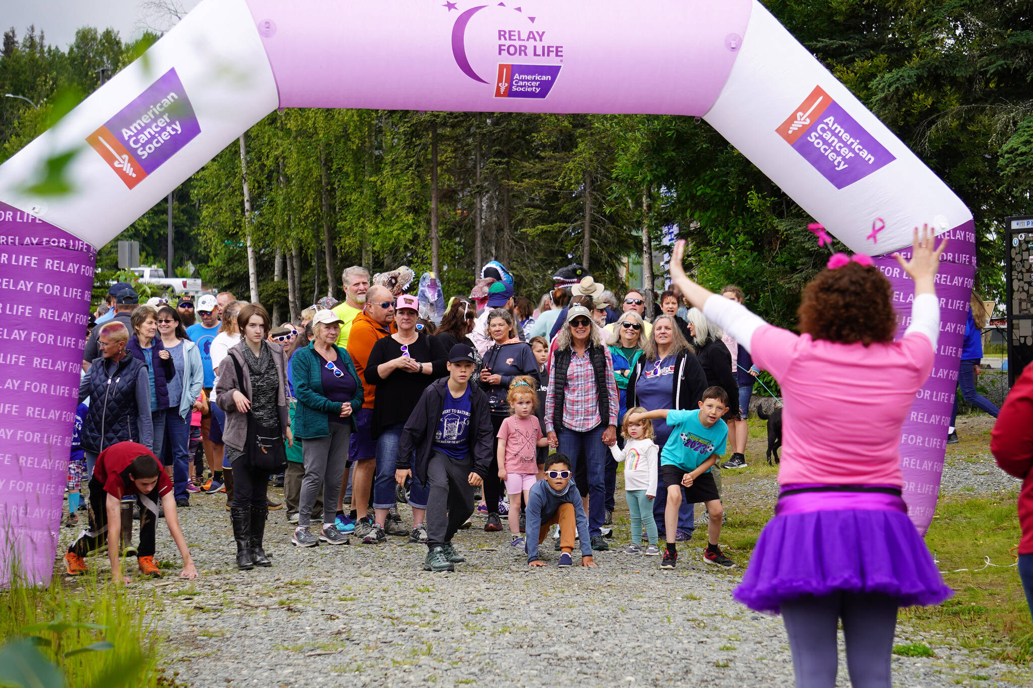 Racers ready for the start of the Brewery to Bathroom .5K at Kenai River Brewing in Soldotna, Alaska, on Sunday, Aug. 13, 2023. (Jake Dye/Peninsula Clarion)