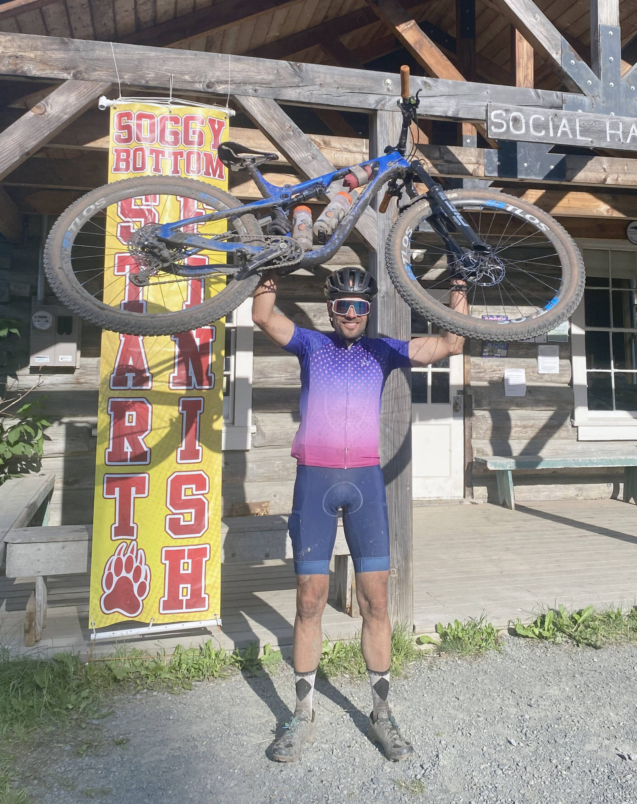 Seward’s Chaz DiMarzio celebrates a win in the Soggy Bottom 100 on Saturday, Aug. 3, 2024, in Hope, Alaska. (Photo provided)