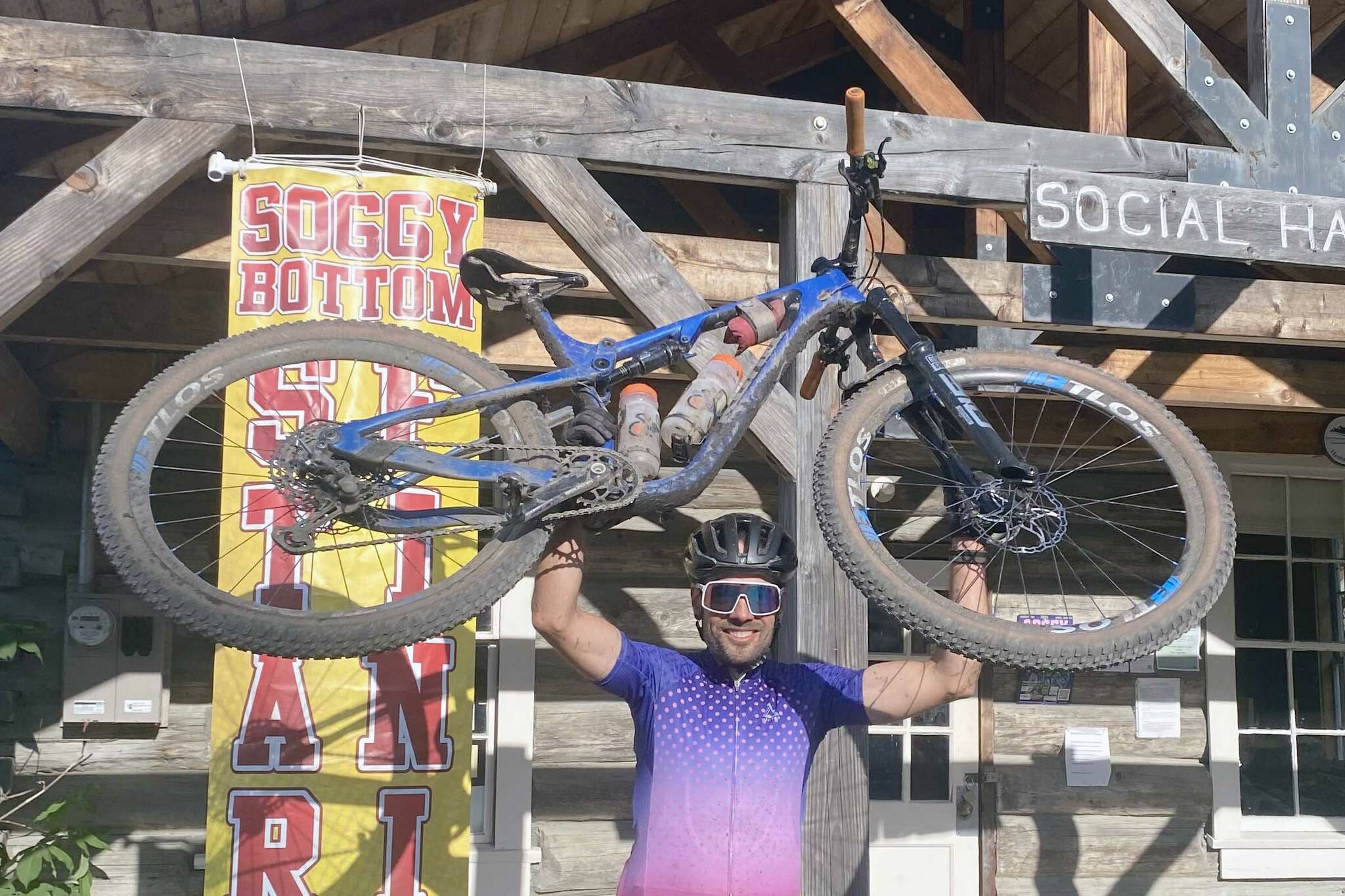 Seward's Chaz DiMarzio celebrates a win in the Soggy Bottom 100 on Saturday, Aug. 3, 2024, in Hope, Alaska. (Photo provided)