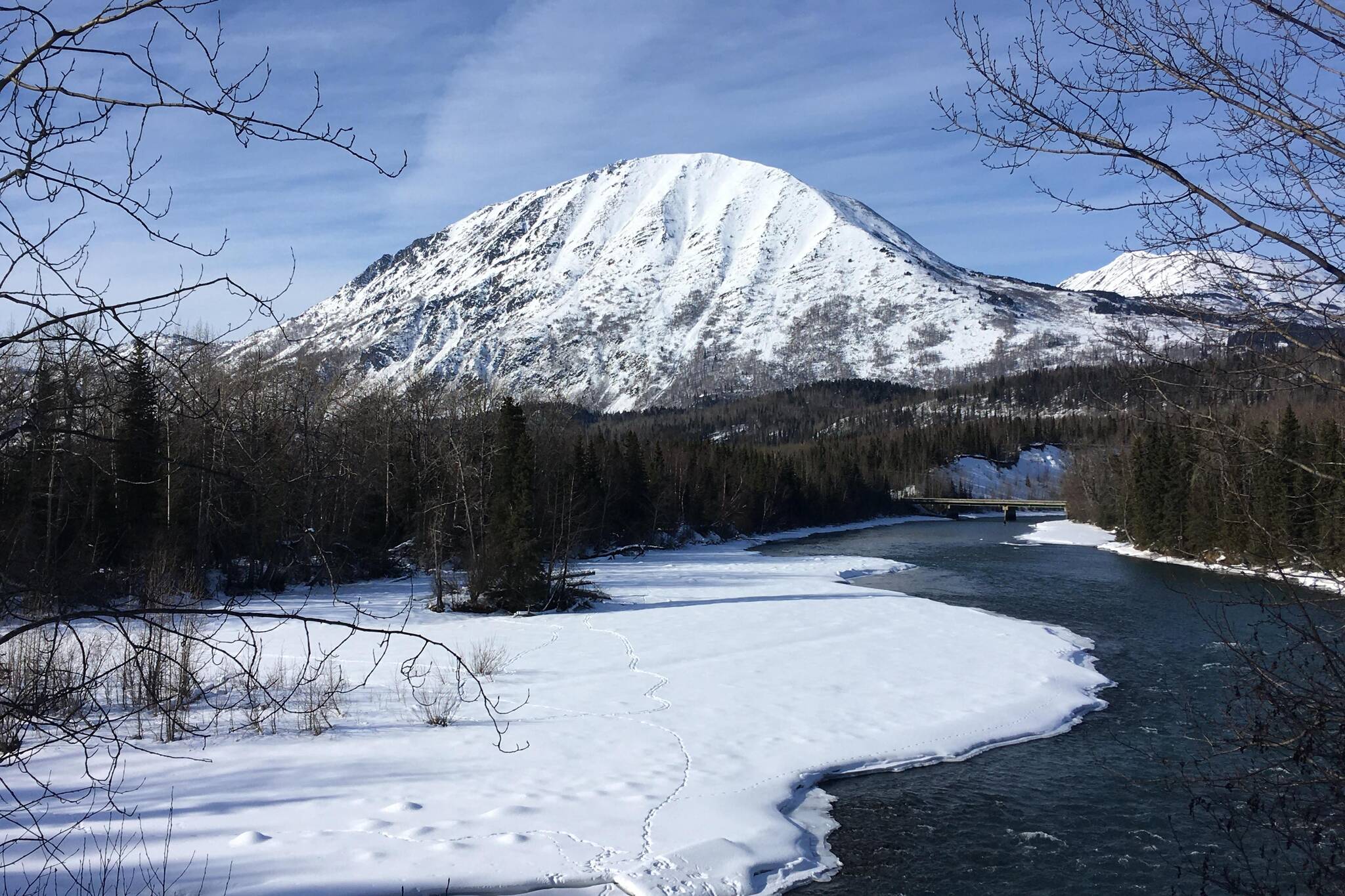 The Sterling Highway crosses the Kenai River near the Russian River Campground on March 15, 2020 near Cooper Landing, Alaska. (Jeff Helminiak/Peninsula Clarion)