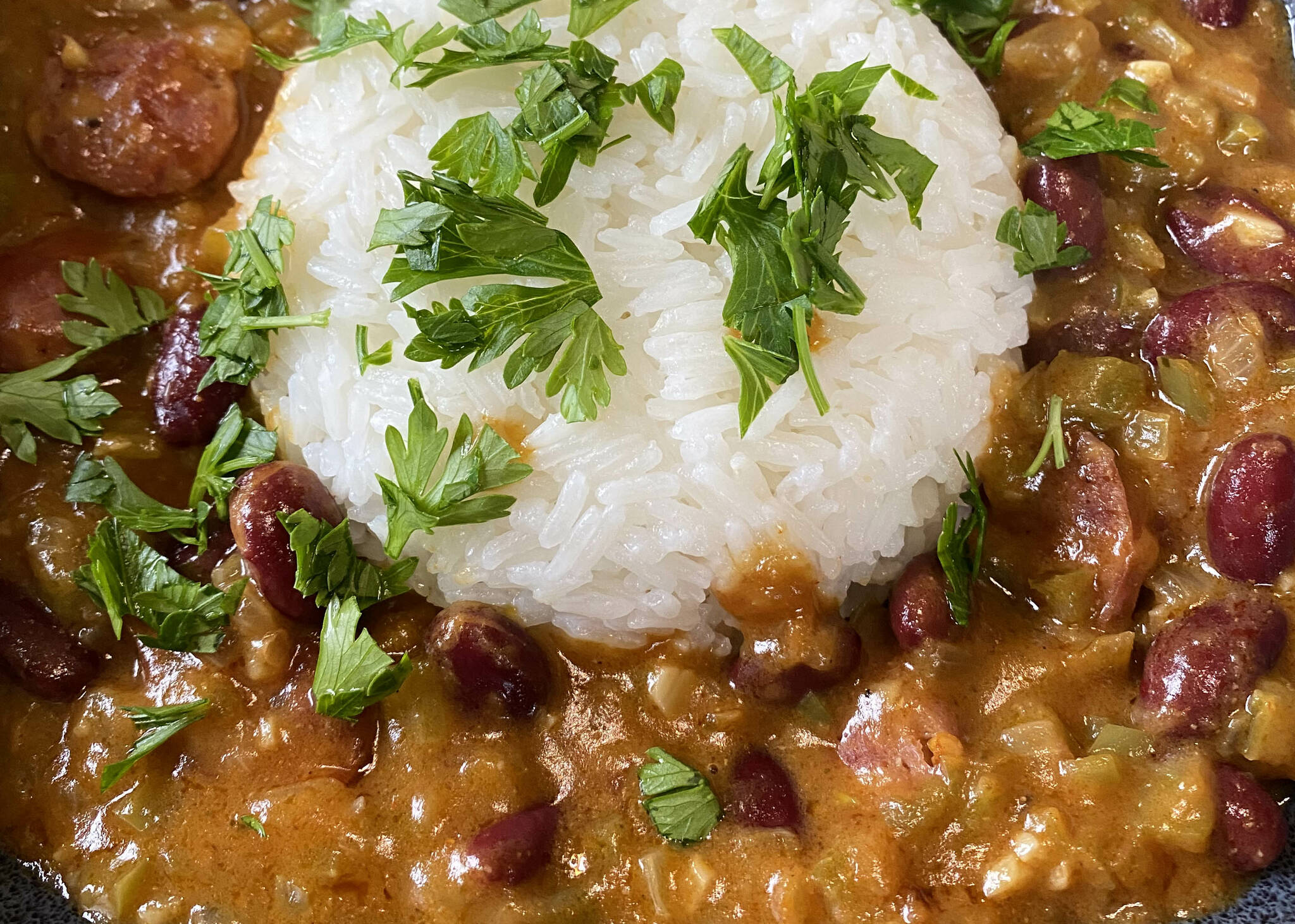 This red beans and rice recipe depends upon building layers of flavor over time. (Photo by Tressa Dale/Peninsula Clarion)