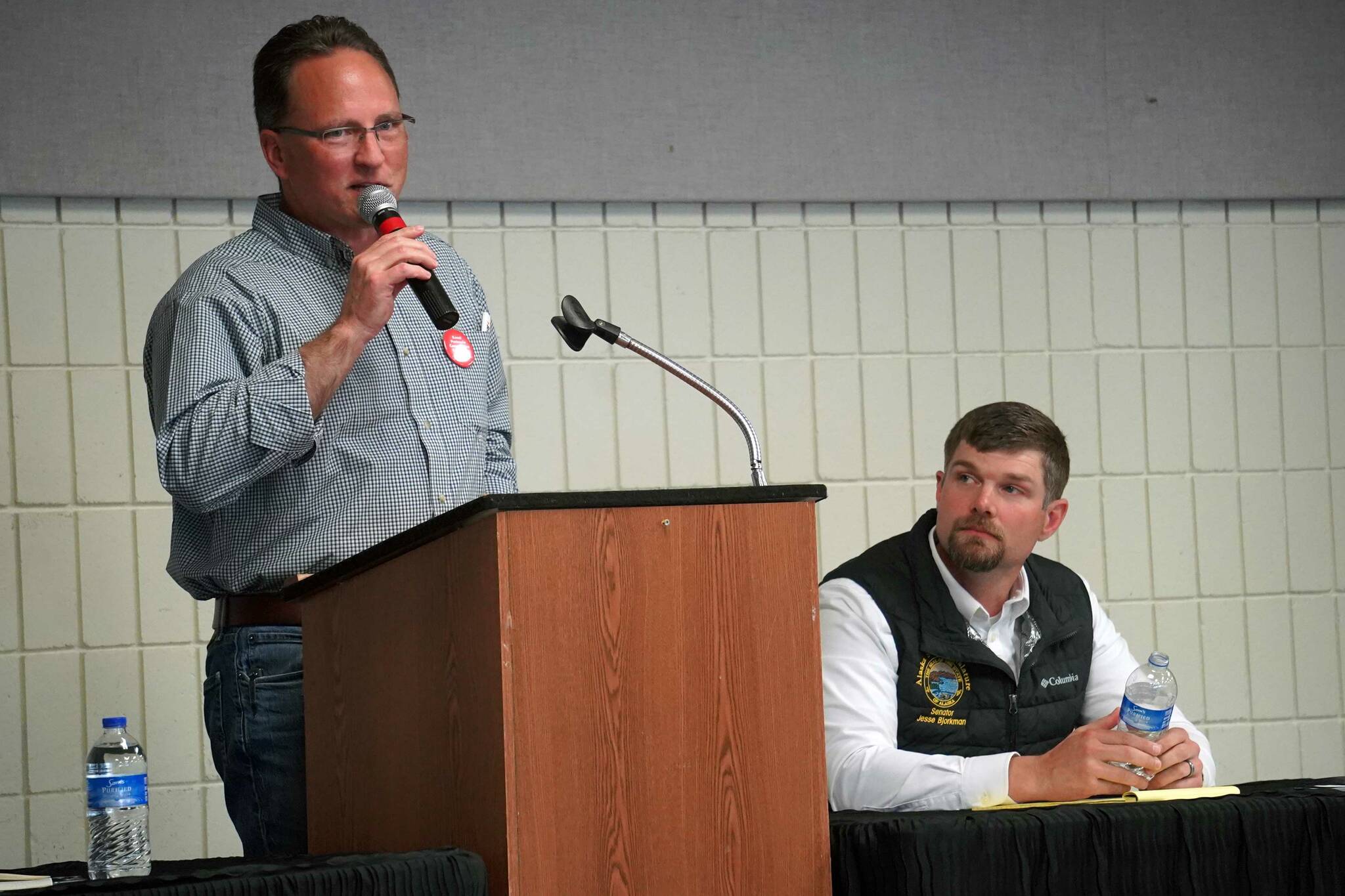 Rep. Ben Carpenter, R-Nikiski, speaks during a debate with Sen. Jesse Bjorkman organized by the District 8 Alaska Republican Party at the Soldotna Regional Sports Complex in Soldotna, Alaska, on Monday, Aug. 12, 2024. (Jake Dye/Peninsula Clarion)