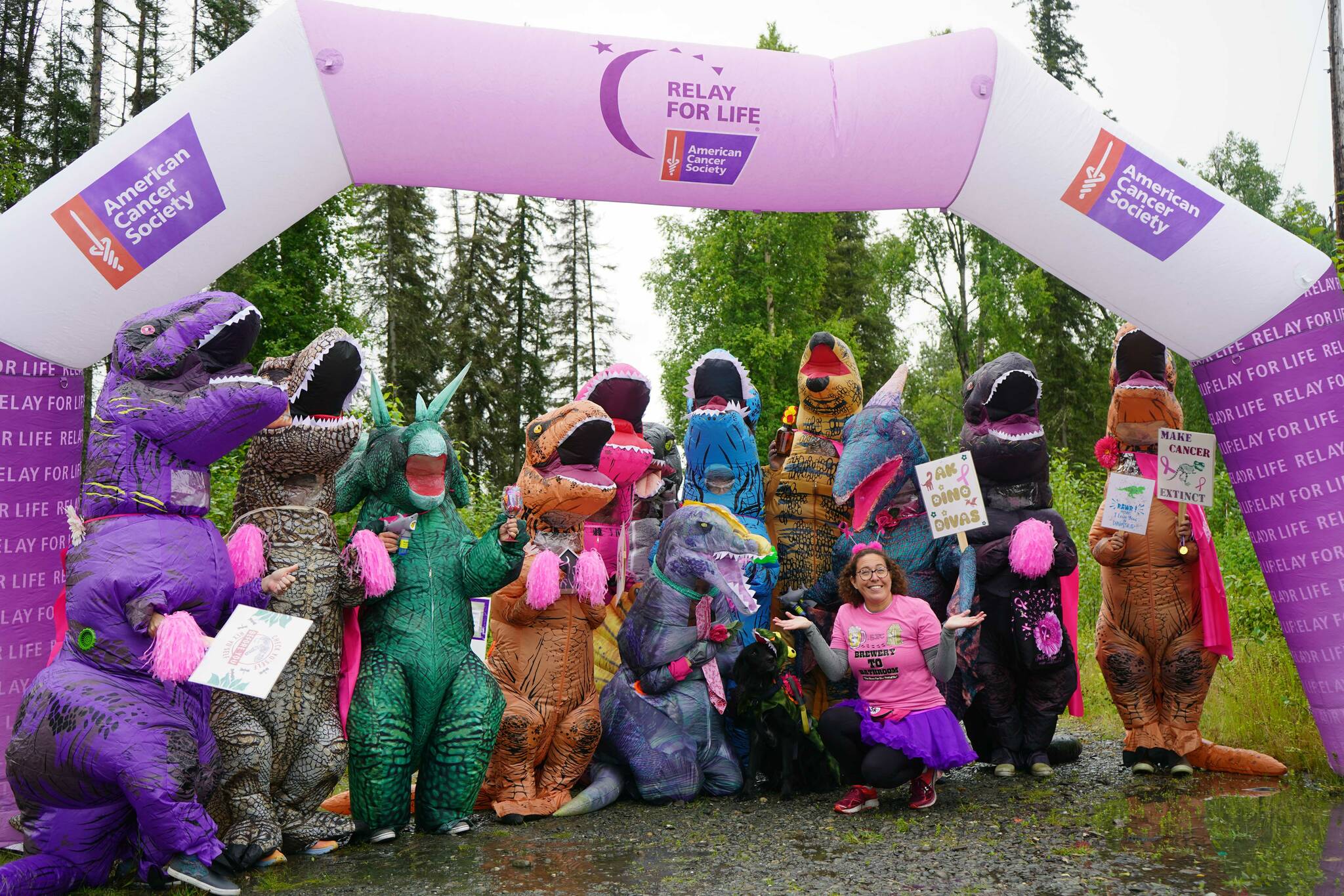 The Dino Divas are named “.5K-est” at the Brewery to Bathroom .5K “The Race for the Rest of Us” at Kenai River Brewing in Soldotna, Alaska, on Saturday, Aug. 11, 2024. (Jake Dye/Peninsula Clarion)