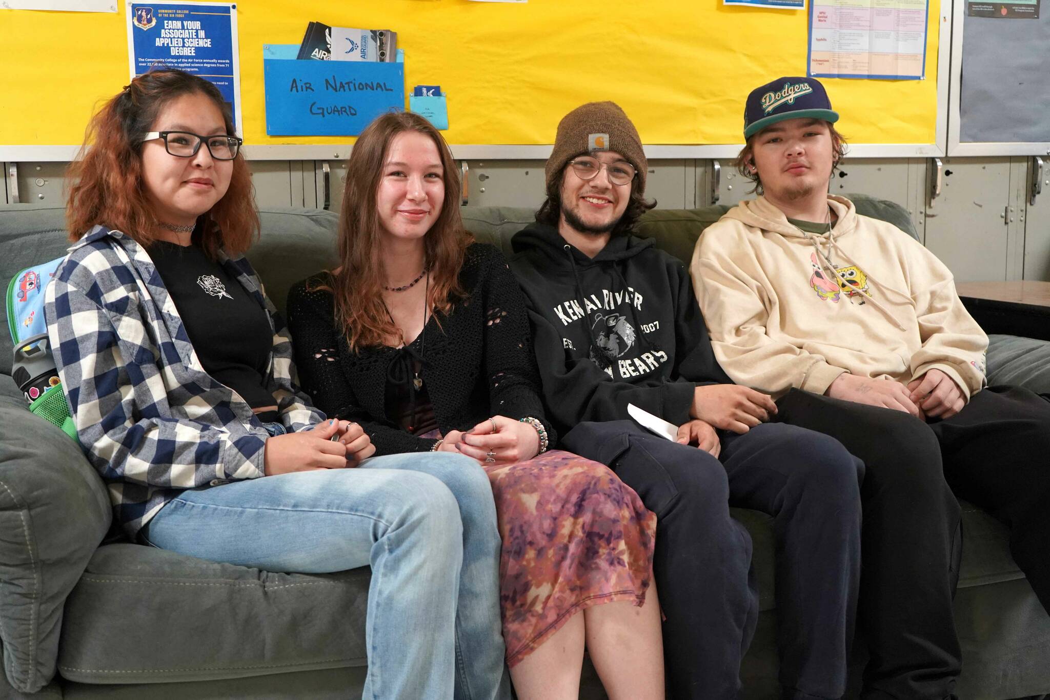 Students sit together ahead of the start of the first day of the school year at Kenai Alternative High School in Kenai, Alaska, on Wedneday, Aug. 21, 2024. (Jake Dye/Peninsula Clarion)