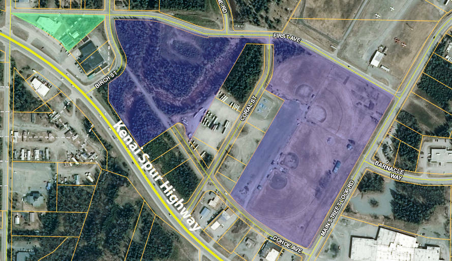 A map created within the Kenai Peninsula Borough’s parcel viewer in September 2017 displays in green the Swanson Square property and in blue the property of the Steve Shearer Memorial Ball Park in Kenai, Alaska. Because the properties are within 500 feet of one another, the City of Kenai has now twice rejected marijuana retail operations in Swanson Square. (Map by Ben Boettger/Peninsula Clarion File)