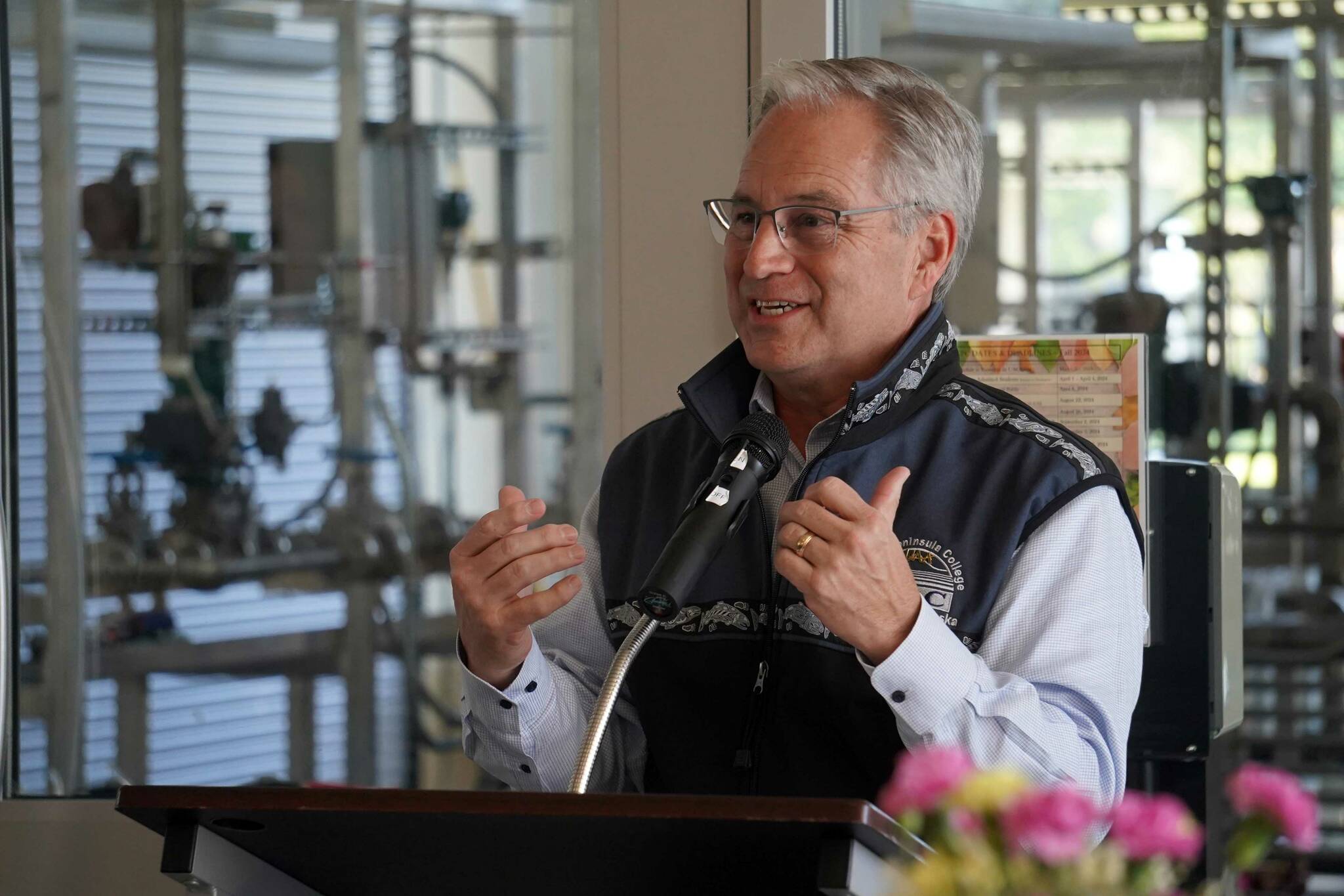 University of Alaska Anchorage Chancellor Sean Parnell speaks at a celebration of the 60th anniversary of Kenai Peninsula College in Soldotna, Alaska, on Tuesday, Aug. 20, 2024. (Jake Dye/Peninsula Clarion)