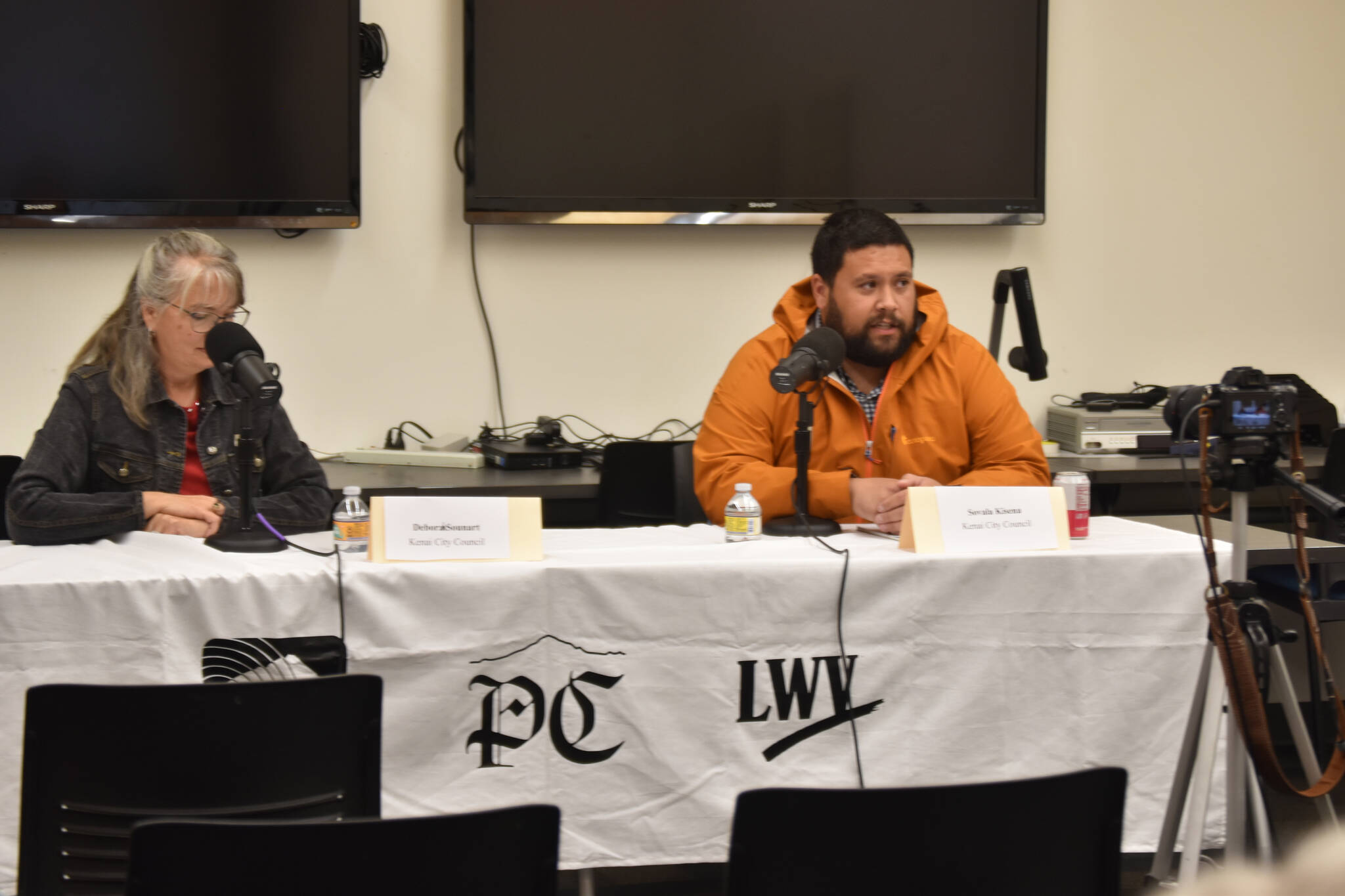 Kenai City Council member Deborah Sounart (left) and candidate Sovala Kisena participate in the KDLL 91.9 FM/Peninsula Clarion 2024 Candidate Forum Series on Monday, Aug. 26, 2024, at the Kenai Community Library in Kenai, Alaska. (Photo by Erin Thompson/Peninsula Clarion)