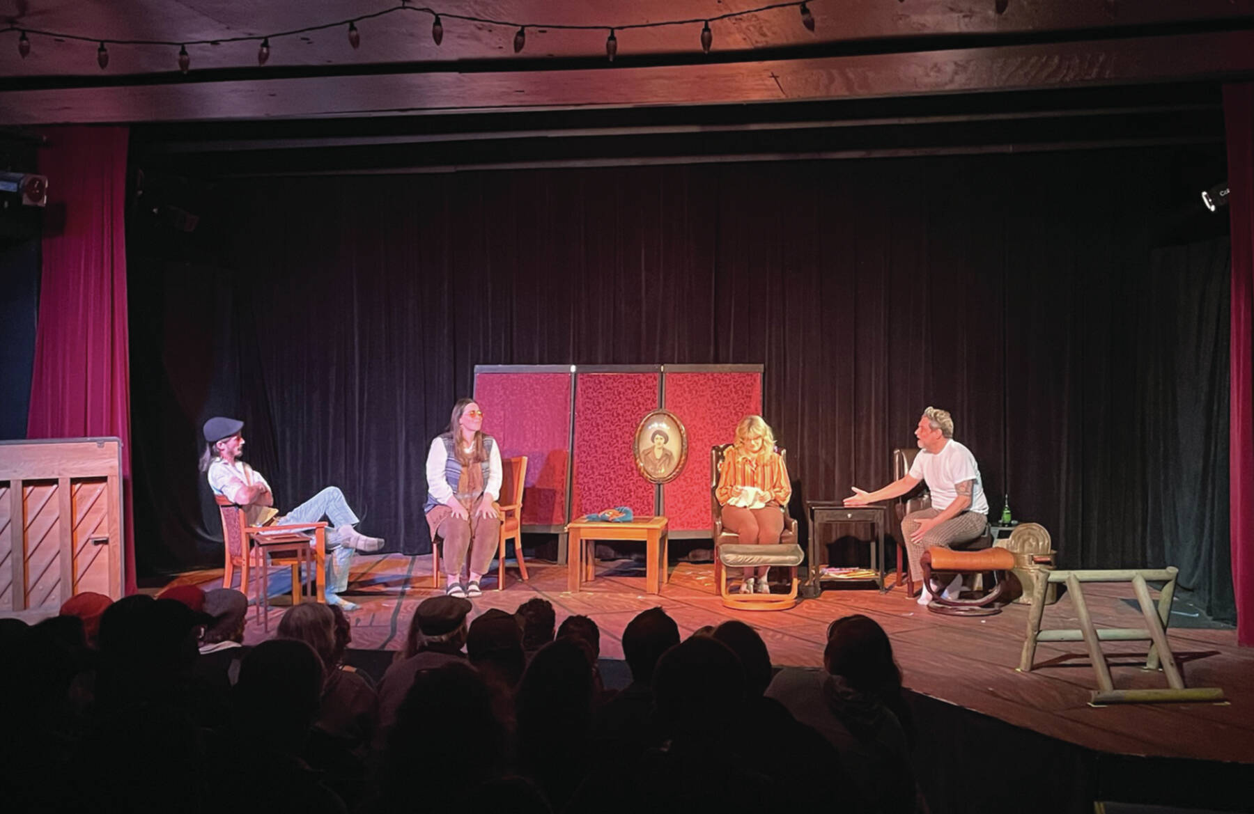 Emilie Springer/ Homer News
Liam James, Javin Schroeder, Leeann Serio and Mike Selle perform in “Leaving” during last Saturday’s show at Pier One Theatre on the Spit.