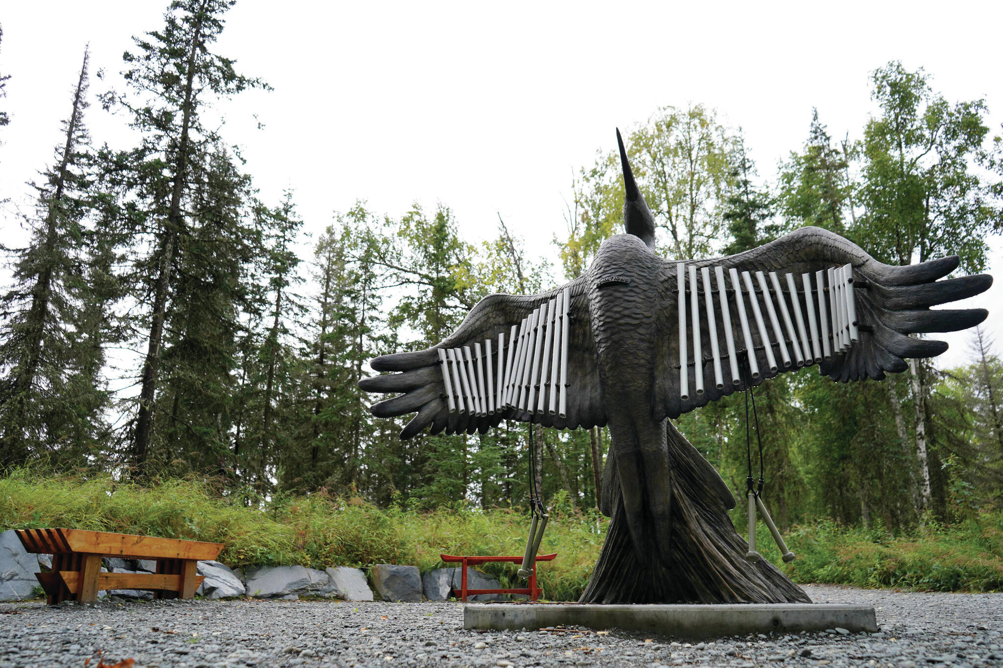 Jake Dye/Peninsula Clarion
A peace crane sculpture stands at the heart of the Kenai Peninsula Peace Crane Garden Trails in Soldotna on Wednesday.