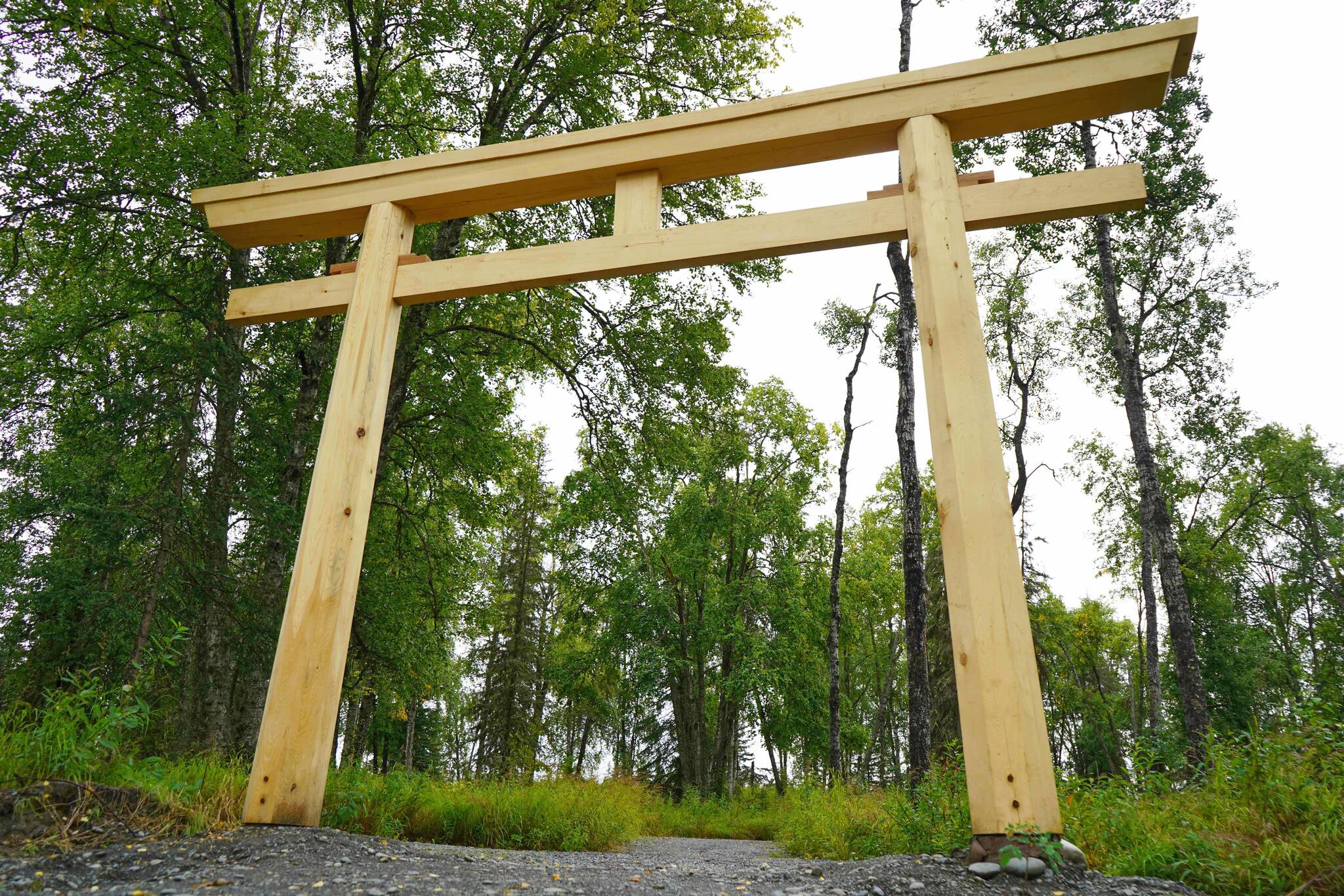 A torii gate stands above the Kenai Peninsula Peace Crane Garden Trails in Soldotna, Alaska, on Wednesday, Aug. 28, 2024. (Jake Dye/Peninsula Clarion)