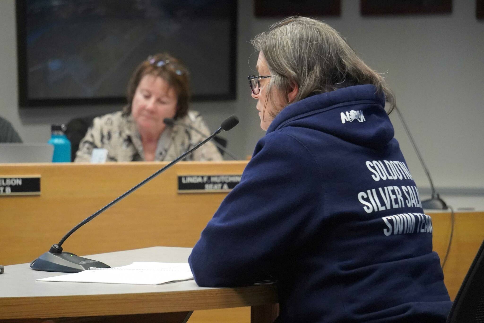 Ana Monyahan presents on behalf of the Soldotna Silver Salmon Swim Team, seeking a mini grant from the Soldotna City Council during their meeting on Wednesday, Aug. 28, 2024, in Soldotna, Alaska. (Jake Dye/Peninsula Clarion)