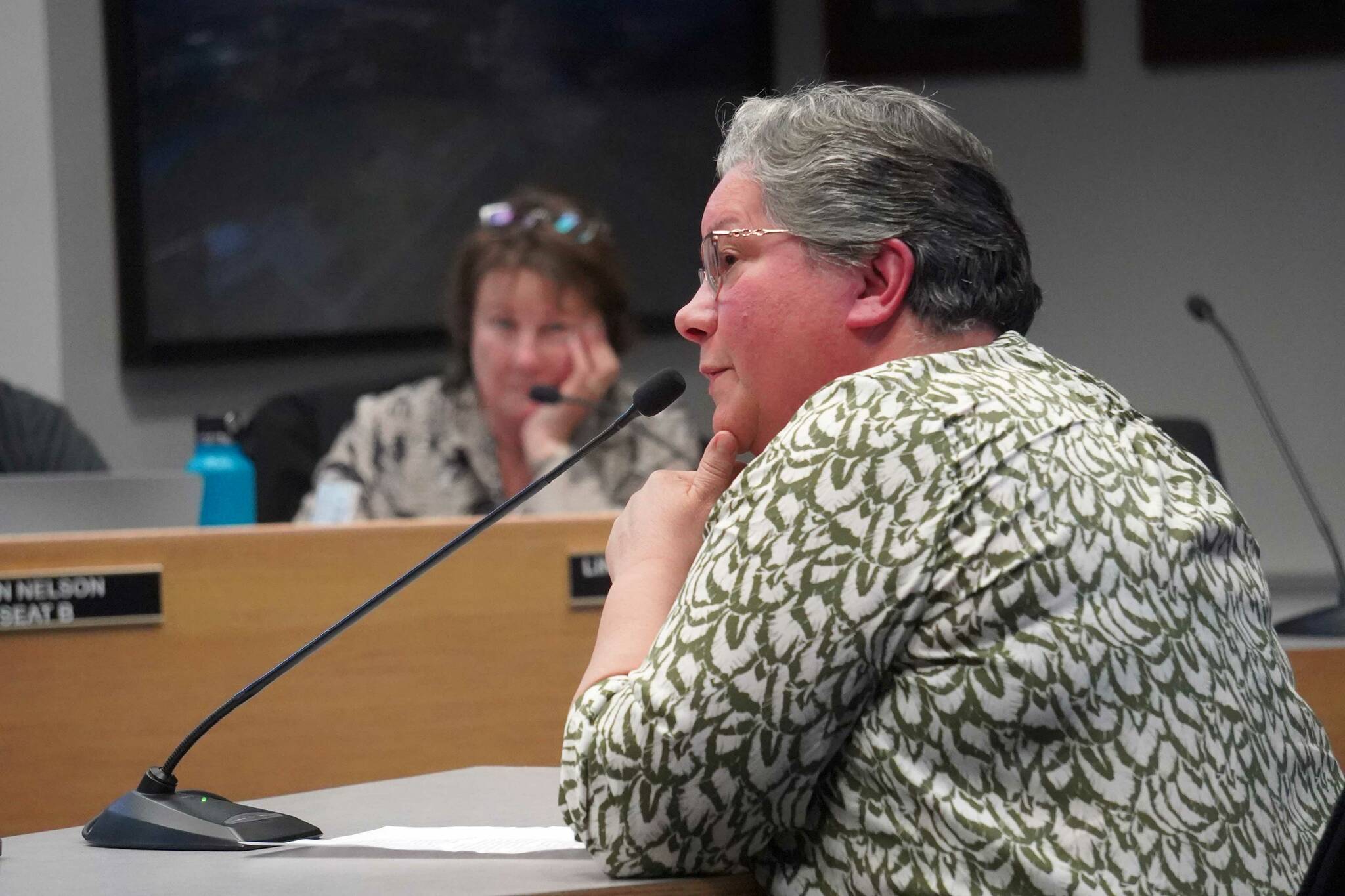 Cheryl Tachick presents on behalf of Way Out Women, seeking a mini grant from the Soldotna City Council during their meeting on Wednesday, Aug. 28, 2024, in Soldotna, Alaska. (Jake Dye/Peninsula Clarion)