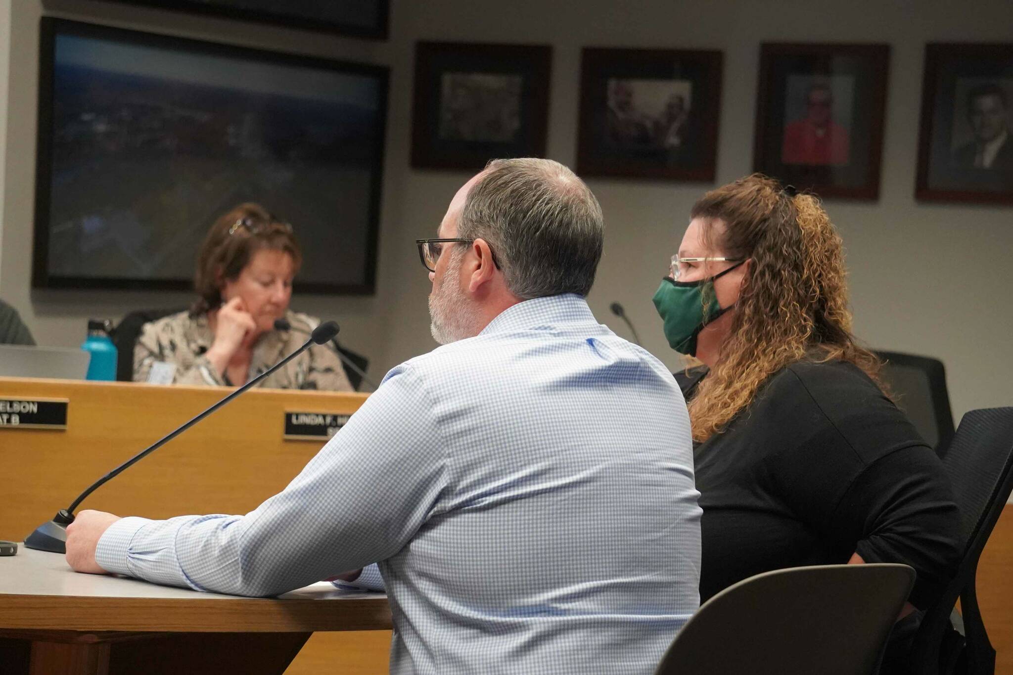 Northrim Bank Funding Branch Manager Steve Manley and Soldotna Finance Director Melanie Imholte speak to the Soldotna City Council in Soldotna, Alaska, on Wednesday, Aug. 28, 2024. (Jake Dye/Peninsula Clarion)