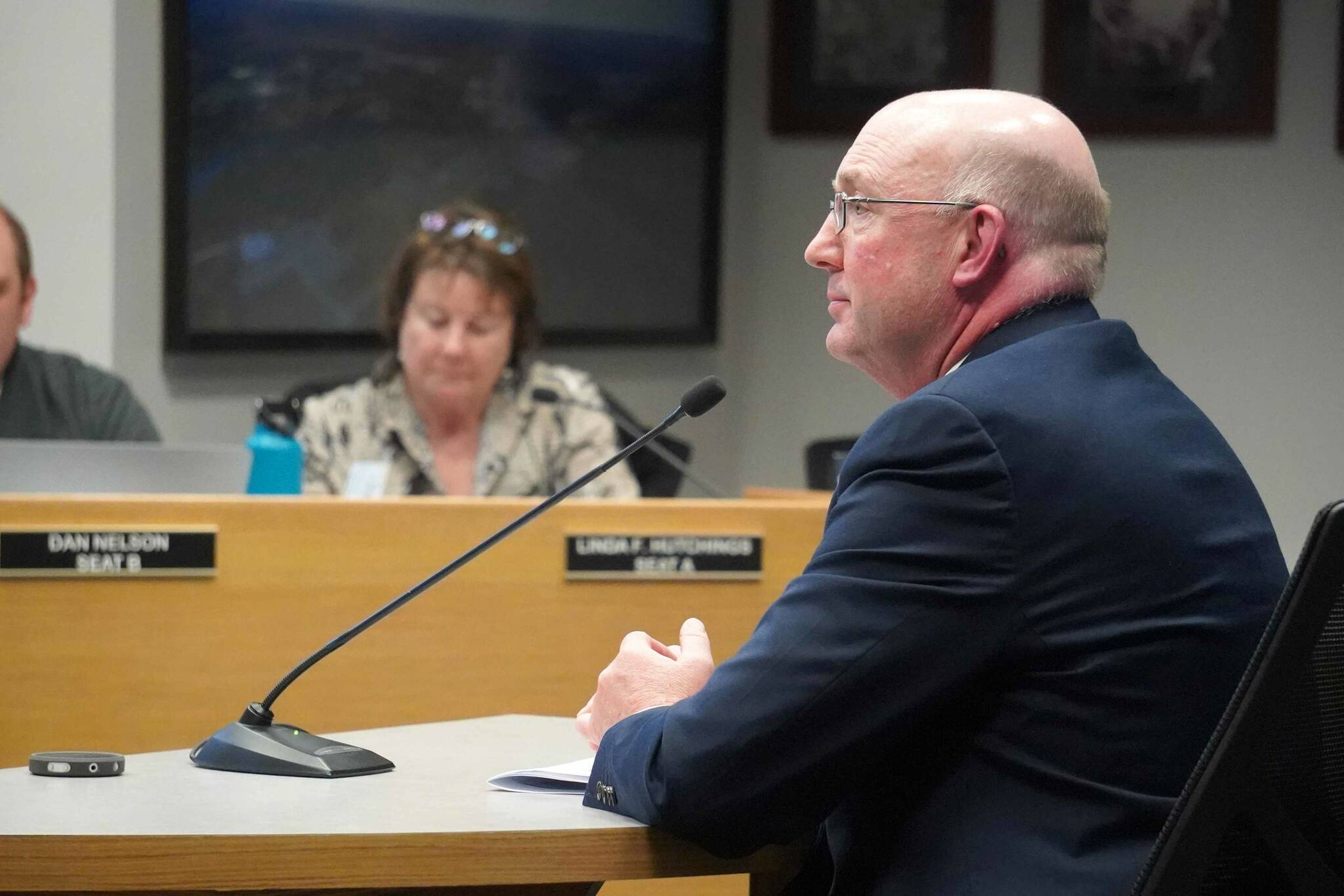 Central Peninsula Hospital Chief Executive Officer Shaun Keef speaks to the Soldotna City Council during their meeting in Soldotna, Alaska, on Wednesday, Aug. 28, 2024. (Jake Dye/Peninsula Clarion)