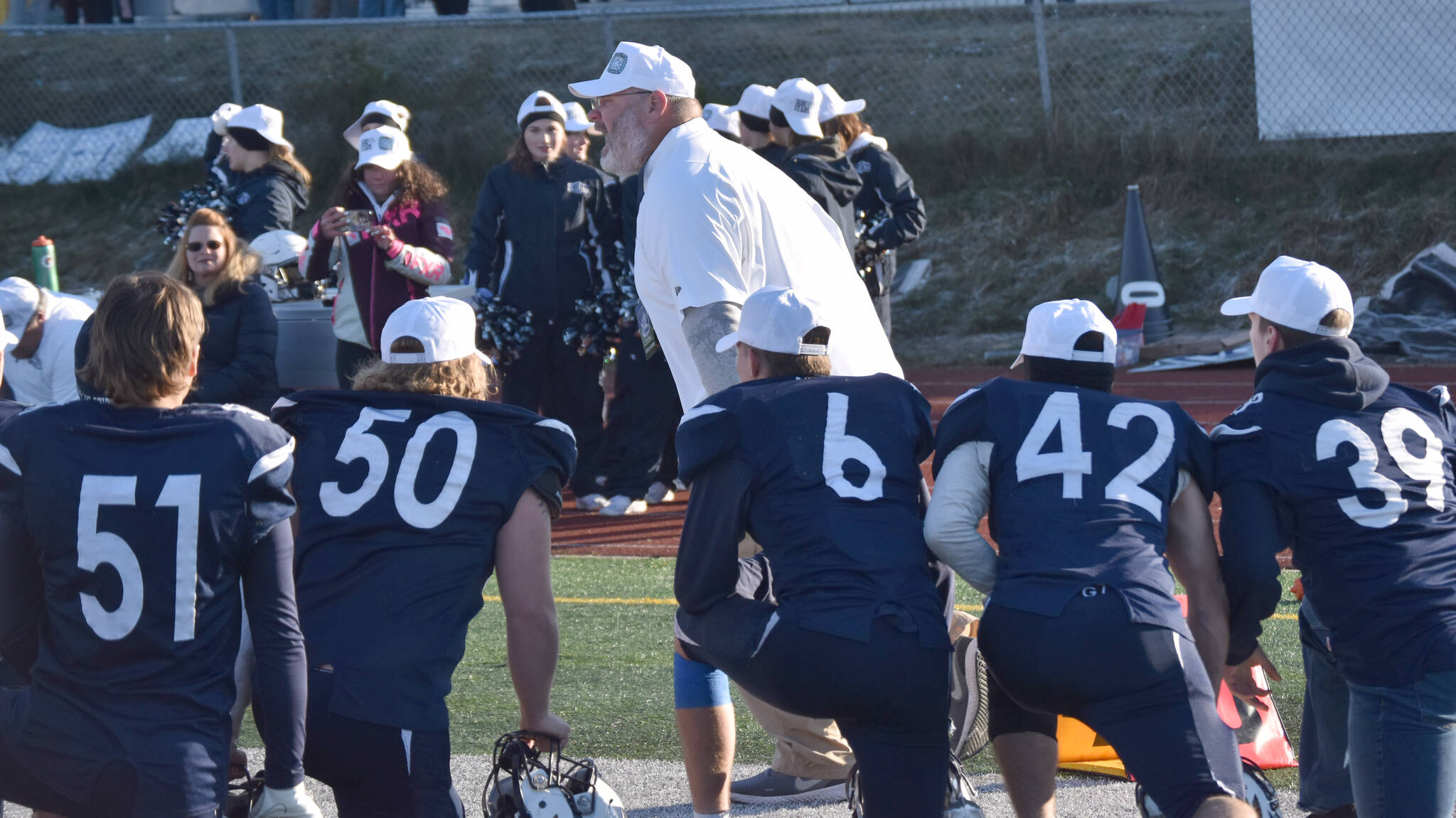 Soldotna head coach Galen Brantley Jr. congratulates his team on Saturday, Oct. 21, 2023, after the Division II championship game at Service High School in Anchorage, Alaska. (File photo by Jeff Helminiak/Peninsula Clarion)