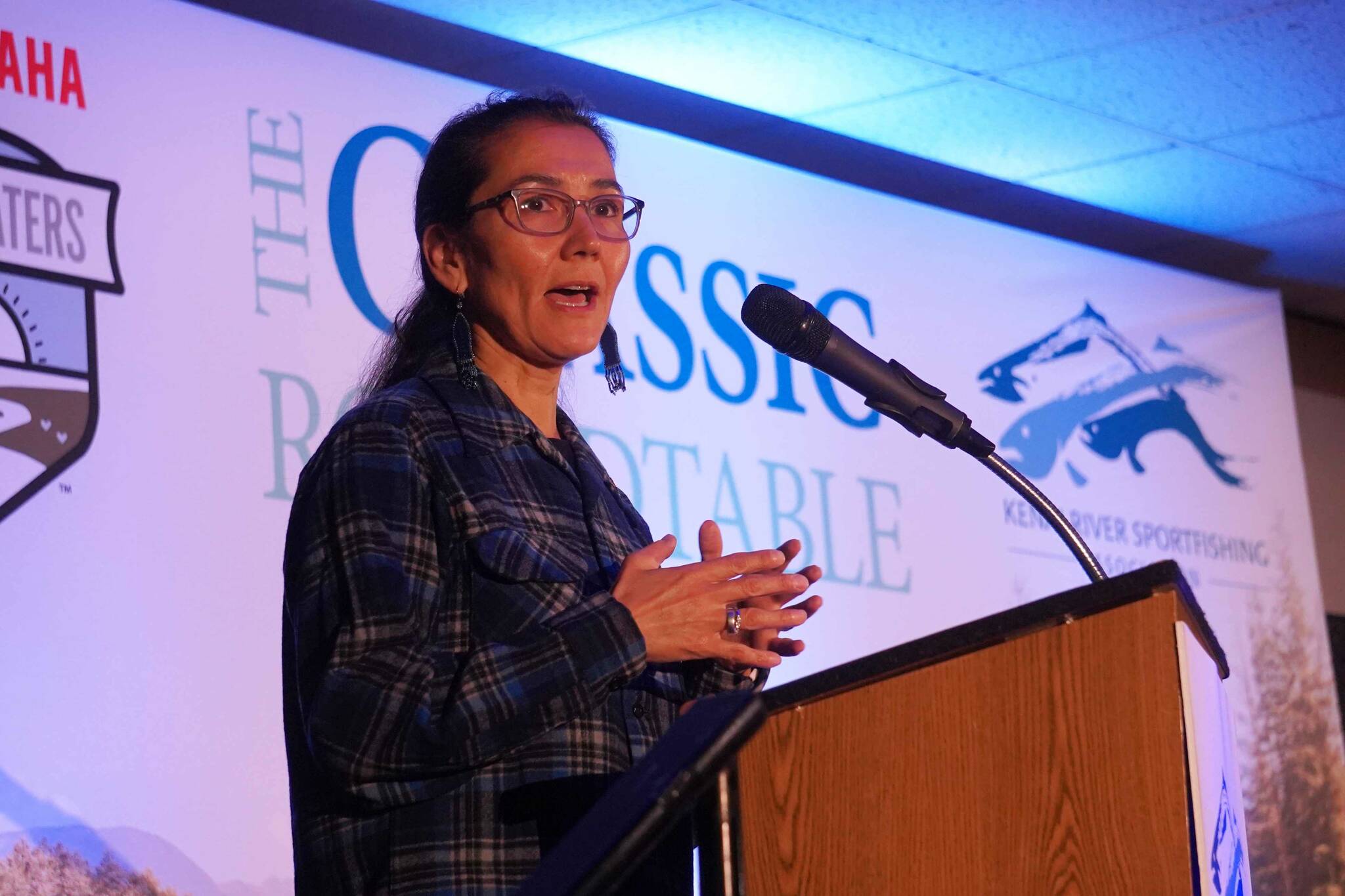 Rep. Mary Peltola delivers closing remarks at the Kenai River Sportfishing Association’s Kenai Classic Roundtable at the Soldotna Regional Sports Complex in Soldotna, Alaska, on Wednesday, Aug. 21, 2024. (Jake Dye/Peninsula Clarion)