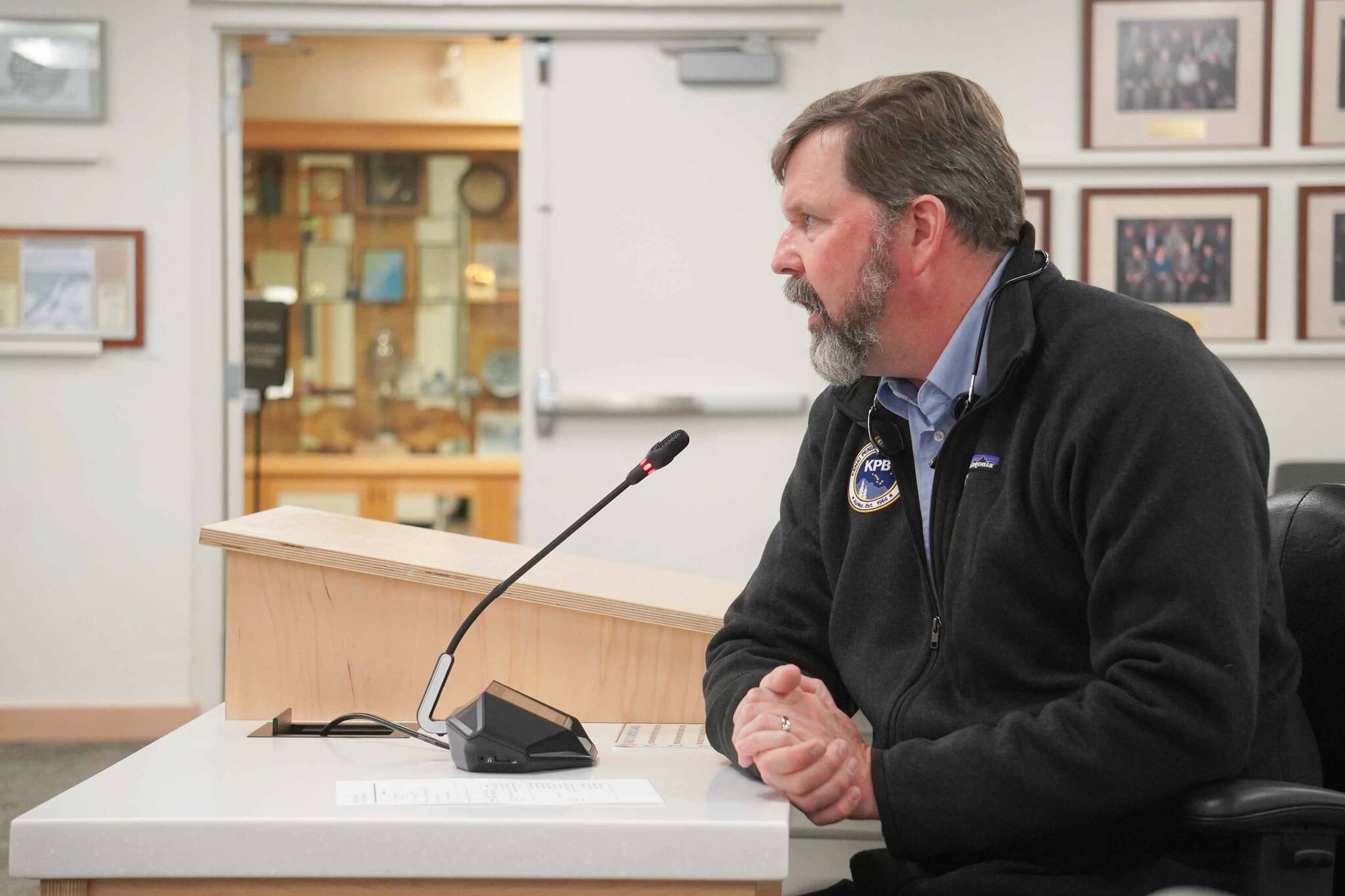 Kenai Peninsula Borough Purchasing & Contracting Director John Hedges speaks to the Kenai Peninsula Borough Assembly during their work session in Soldotna, Alaska, on Tuesday, Sept. 3, 2024. (Jake Dye/Peninsula Clarion)