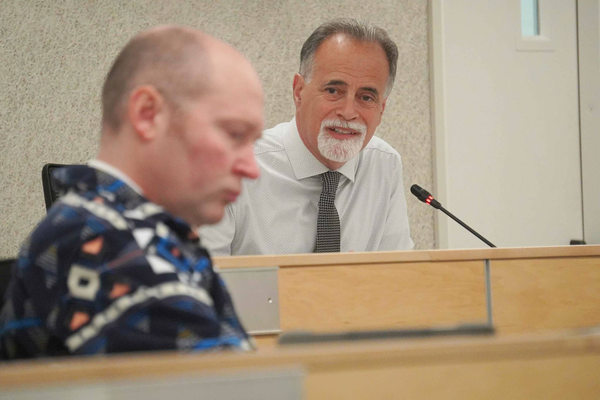 Kenai Peninsula Borough Mayor Peter Micciche speaks to the Kenai Peninsula Borough Assembly during their work session in Soldotna, Alaska, on Tuesday, Sept. 3, 2024. (Jake Dye/Peninsula Clarion)