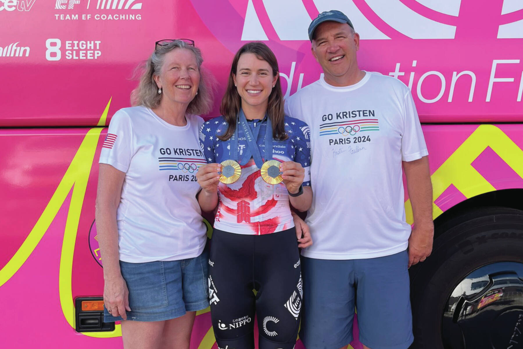 From left: Sara, Kristen and Jon Faulkner pose with Kristen's two gold medals at the 2024 Olympics in Paris, France. (Photo provided by Jon Faulkner)