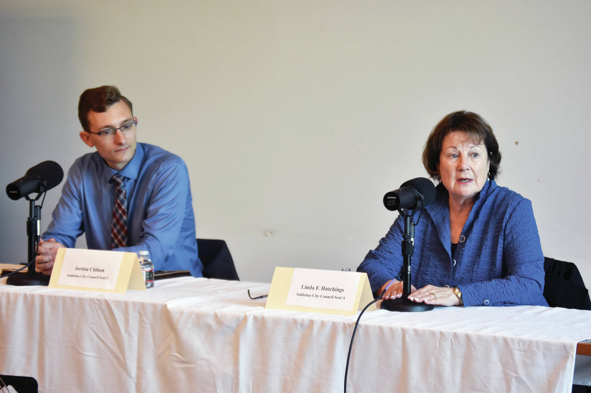 Soldotna City Council members Jordan Chilson, left, and Linda Farnsworth-Hutchings participate in the Peninsula Clarion and KDLL candidate forum series, Thursday, Sept. 5 at the Soldotna Public Library . (Photo by Erin Thompson/Peninsula Clarion)