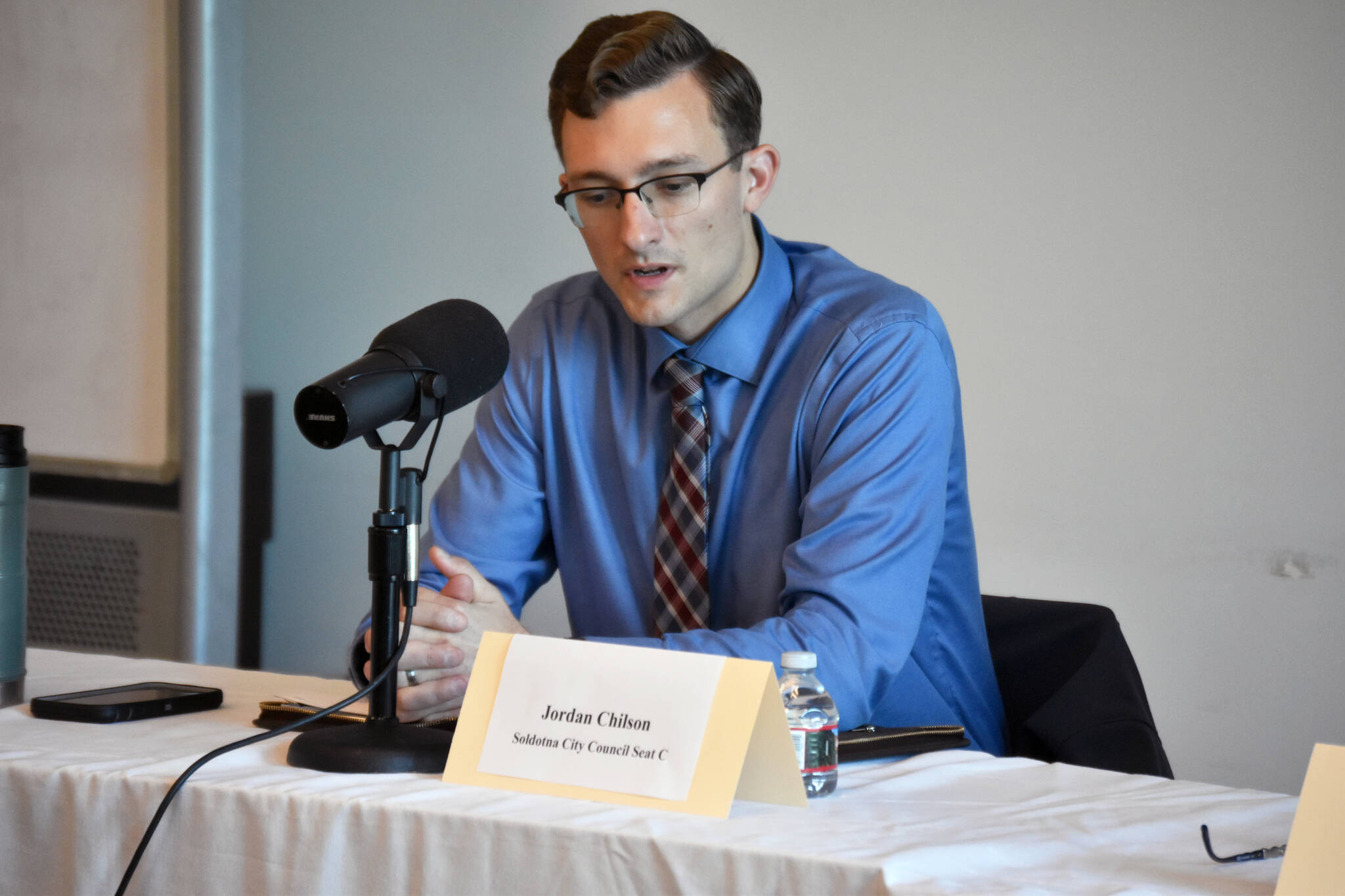 Soldotna City Council member Jordan Chilson participates in the Peninsula Clarion and KDLL candidate forum series, Thursday, Sept. 5, 2024, at the Soldotna Public Library in Soldotna, Alaska. (Photo by Erin Thompson/Peninsula Clarion)