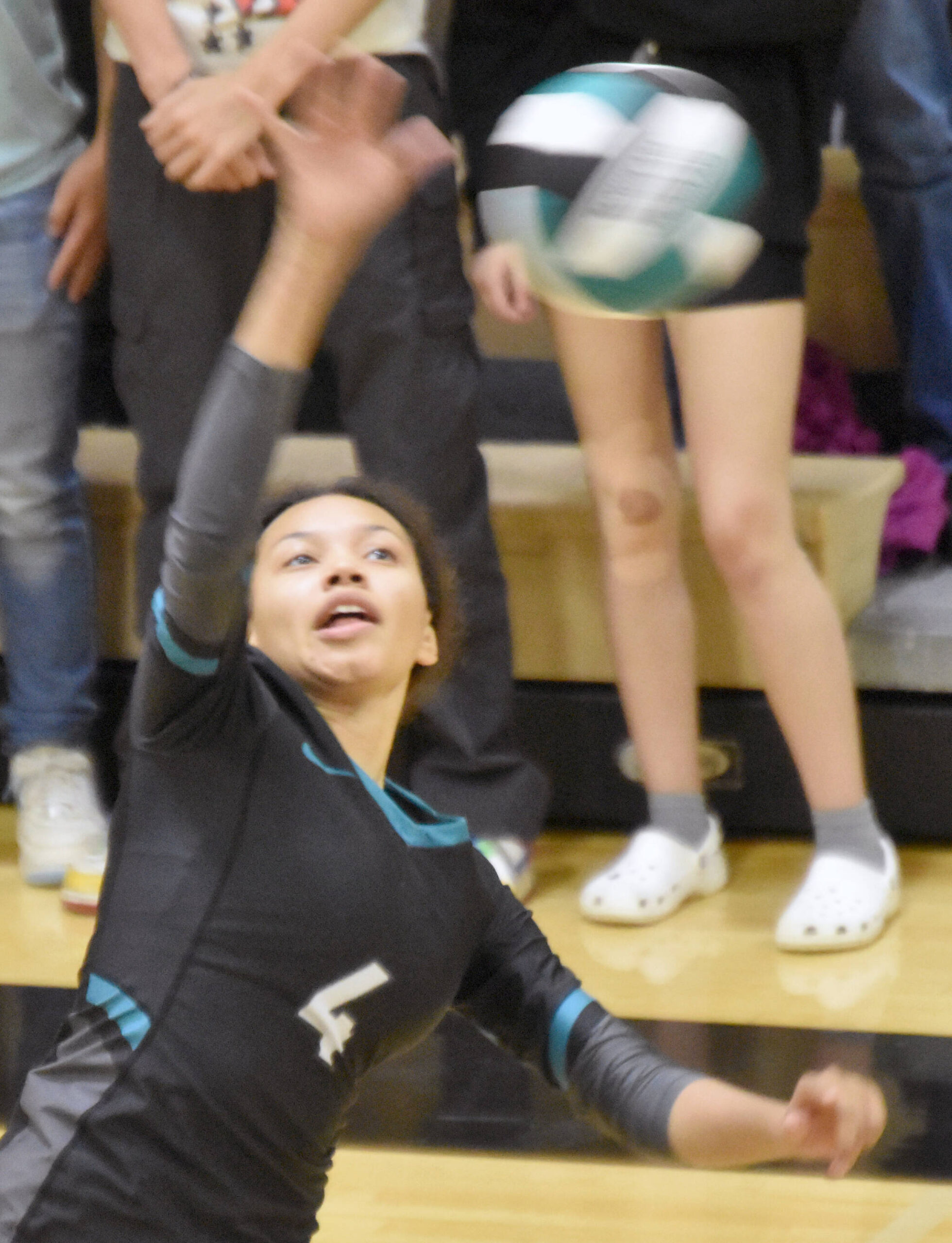 Nikiski’s Alexa Iyatunguk attacks Saturday, Sept. 7, 2024, at the 17th Annual Shayna Pritchard Memorial Volleyball Tournament at Nikiski Middle-High School in Nikiski, Alaska. (Photo by Jeff Helminiak/Peninsula Clarion)