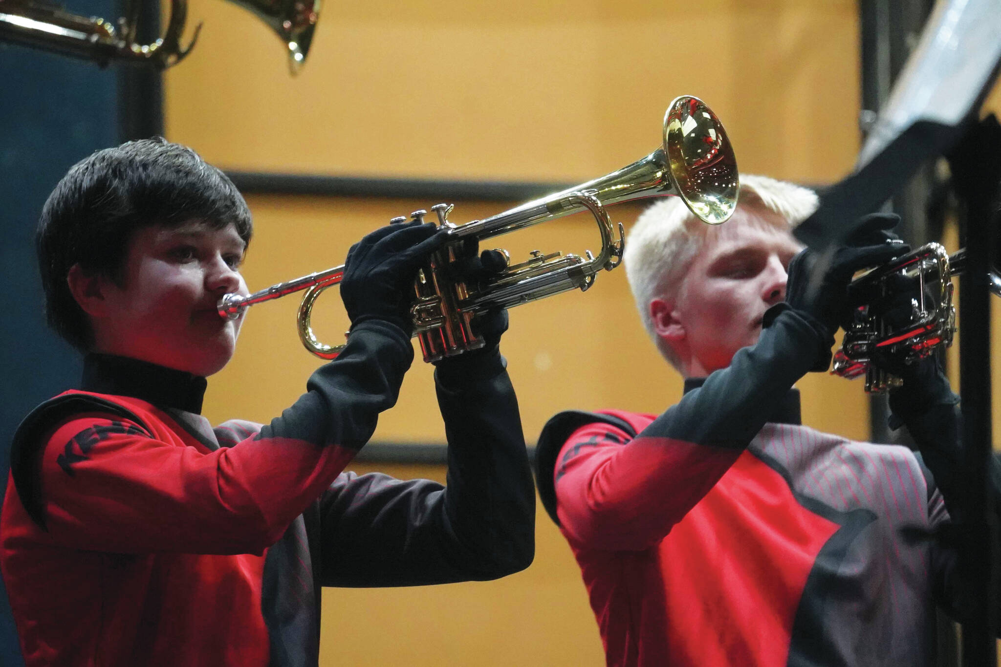 Jake Dye/Peninsula Clarion
The Kenai Marching Band debuts their new routine based on “The Hunger Games: The Ballad of Songbirds & Snakes” during an exhibition at Kenai Central High School on Aug. 16.