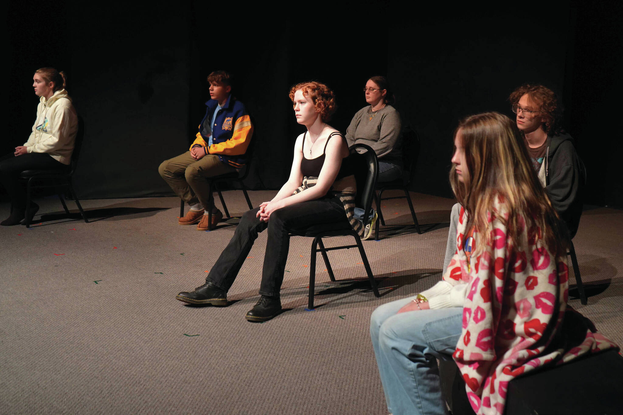 Jake Dye/Peninsula Clarion
The Kenai Performers’ cast of “The Bullying Collection” rehearse at the Kenai Performers Theater in Kalifornsky on Monday.