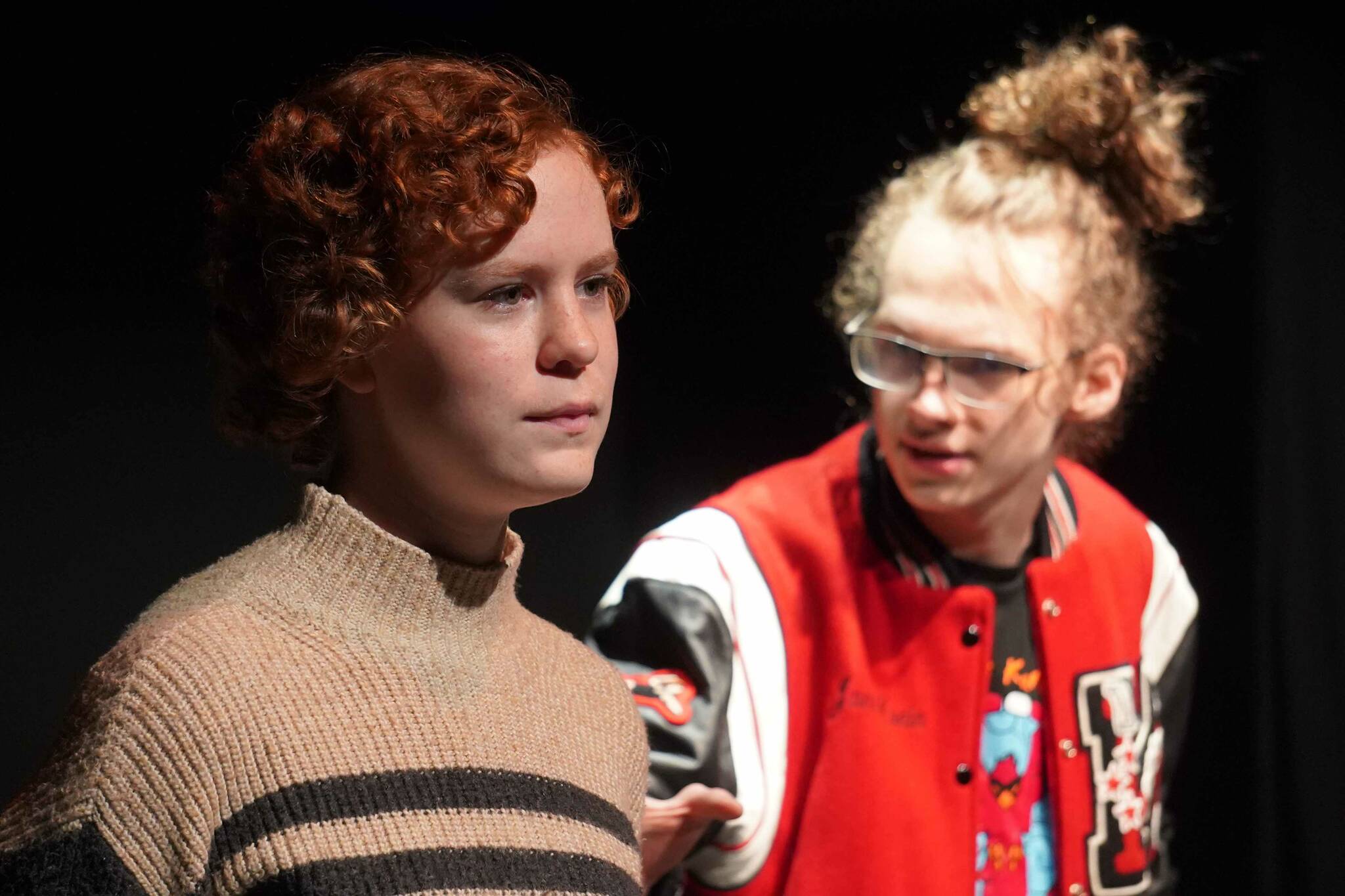 Audrey Anderson and Gavin Hunt, part of the Kenai Performers’ cast of “The Bullying Collection,” rehearse at the Kenai Performers Theater in Kalifornsky, Alaska, on Monday, Sept. 9, 2024. (Jake Dye/Peninsula Clarion)