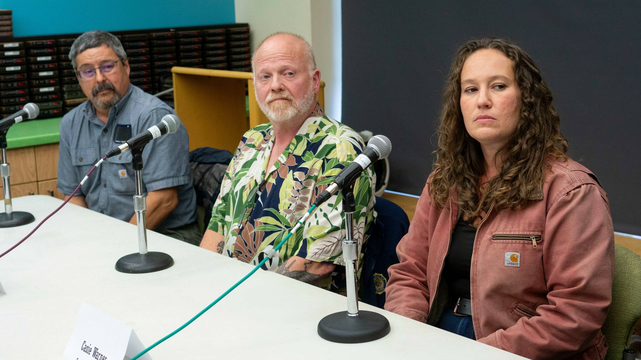 John Osenga, Michael Calhoon and Casie Warner participate in a Seward City Council candidate forum hosted by KBBI 890 AM and the Peninsula Clarion at the Seward Community Library and Museum in Seward, Alaska, on Thursday, Sept. 12, 2024. (Jake Dye/Peninsula Clarion)