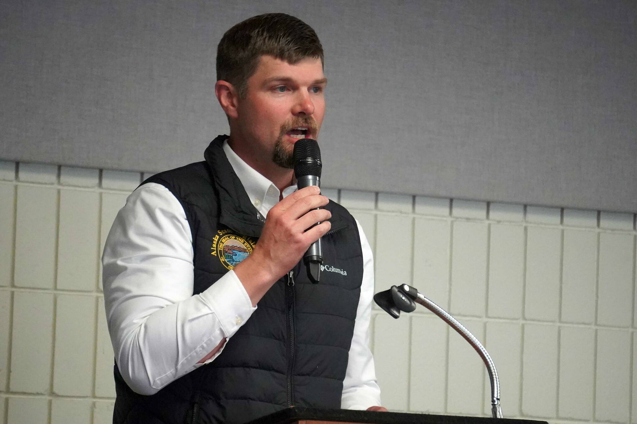 Sen. Jesse Bjorkman, R-Nikiski, speaks during a debate with Rep. Ben Carpenter organized by the District 8 Alaska Republican Party at the Soldotna Regional Sports Complex in Soldotna, Alaska, on Monday, Aug. 12, 2024. (Jake Dye/Peninsula Clarion)