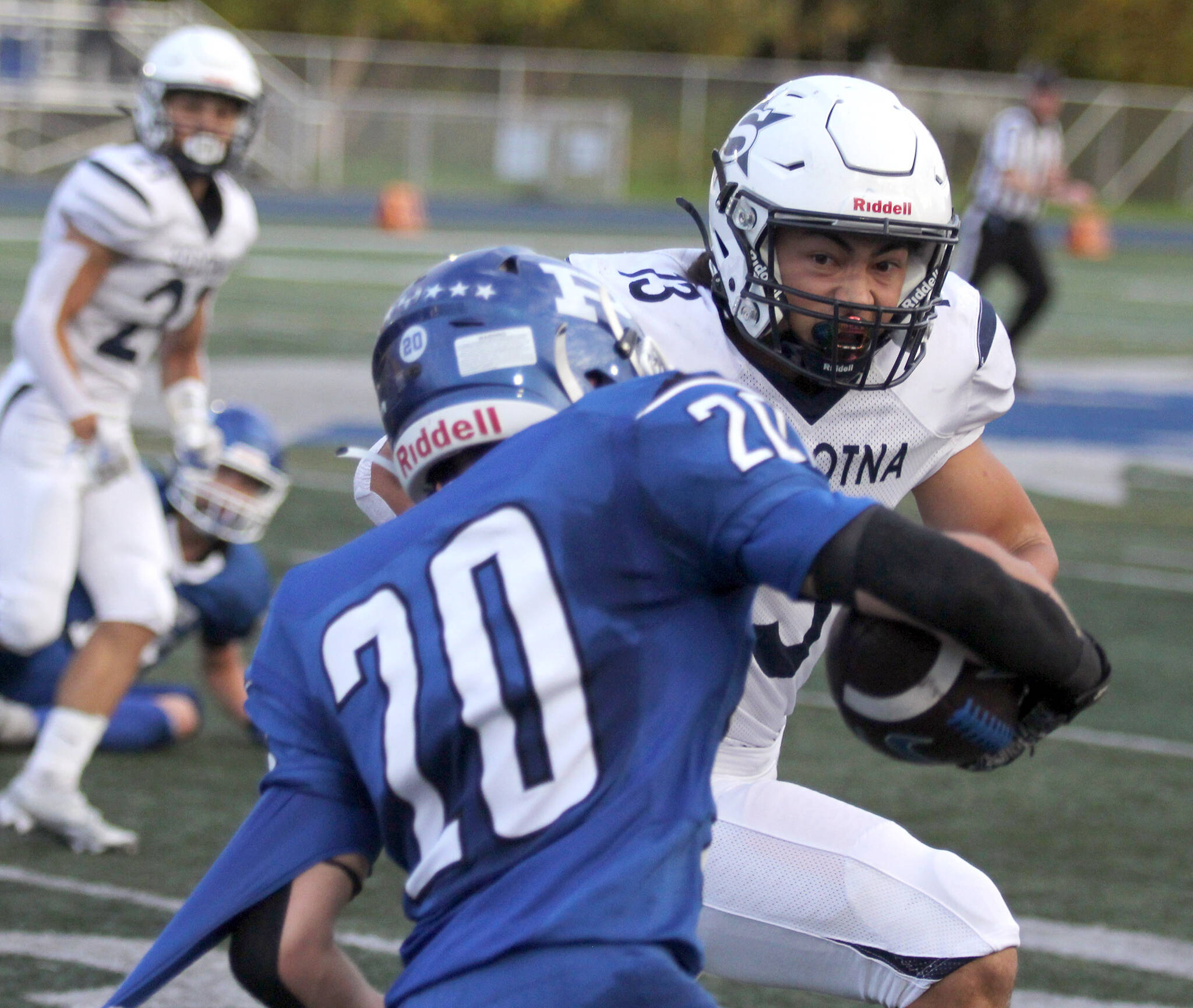 Soldotna’s Lokeni Wong sets up to tackle Palmer’s Ben Asay during a 42-14 win over the Moose on Friday, Sept. 13, 2024, at Machetanz Field in Palmer, Alaska. (Photo by Jeremiah Bartz/Frontiersman)