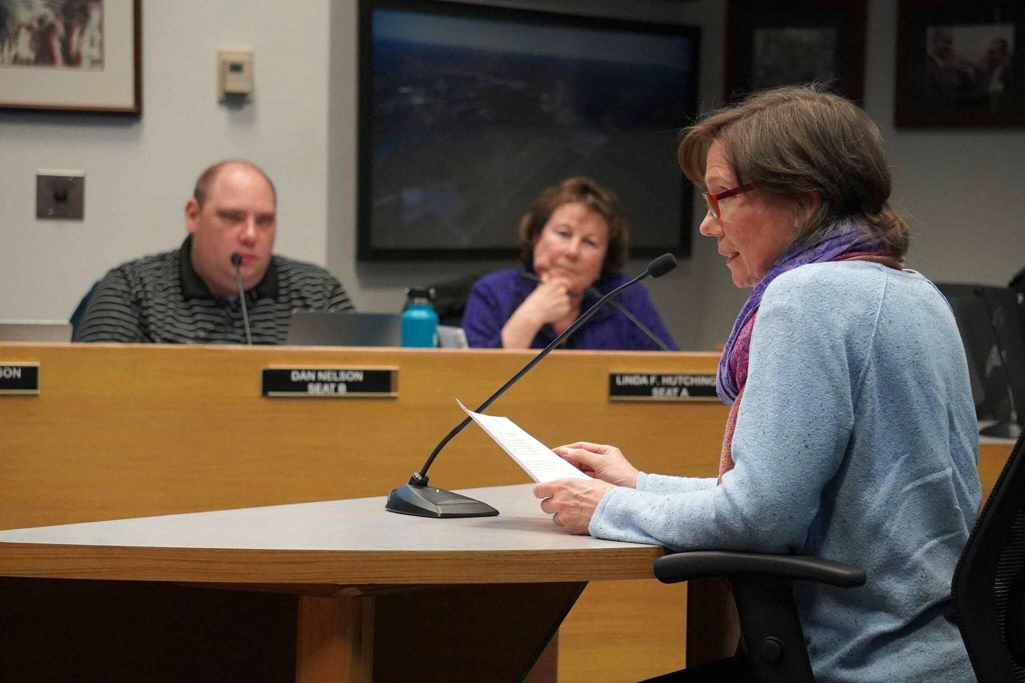 Carolyn Kallus speaks against a rezoning ordinance during a meeting of the Soldotna City Council in Soldotna, Alaska, on Wednesday, Sept. 11, 2024. (Jake Dye/Peninsula Clarion)