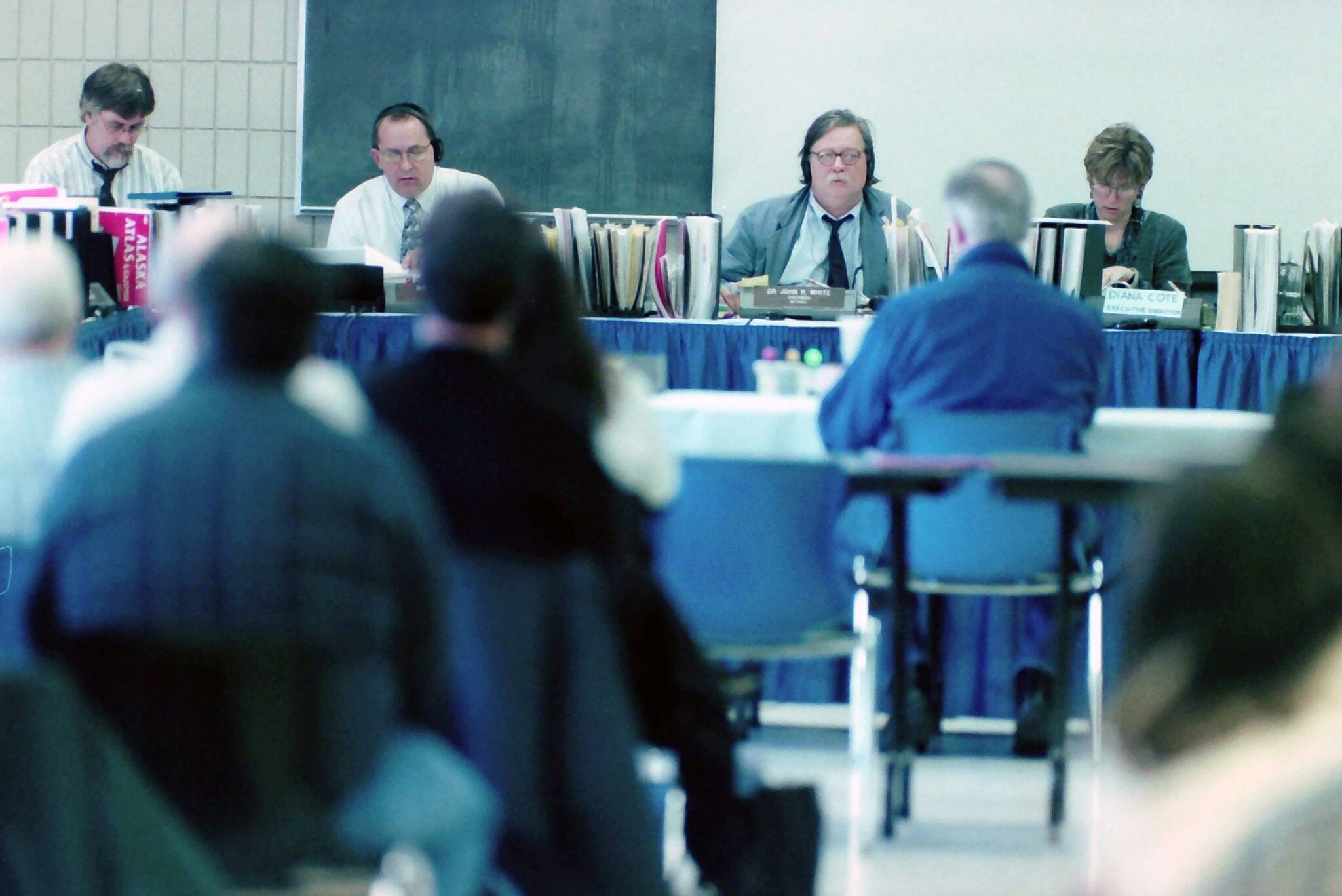 The Alaska Board of Fisheries hears public testimony at the Soldotna Regional Sports Complex in Soldotna, Alaska, on Feb. 18, 1999. (M. Scott Moon/Peninsula Clarion file)