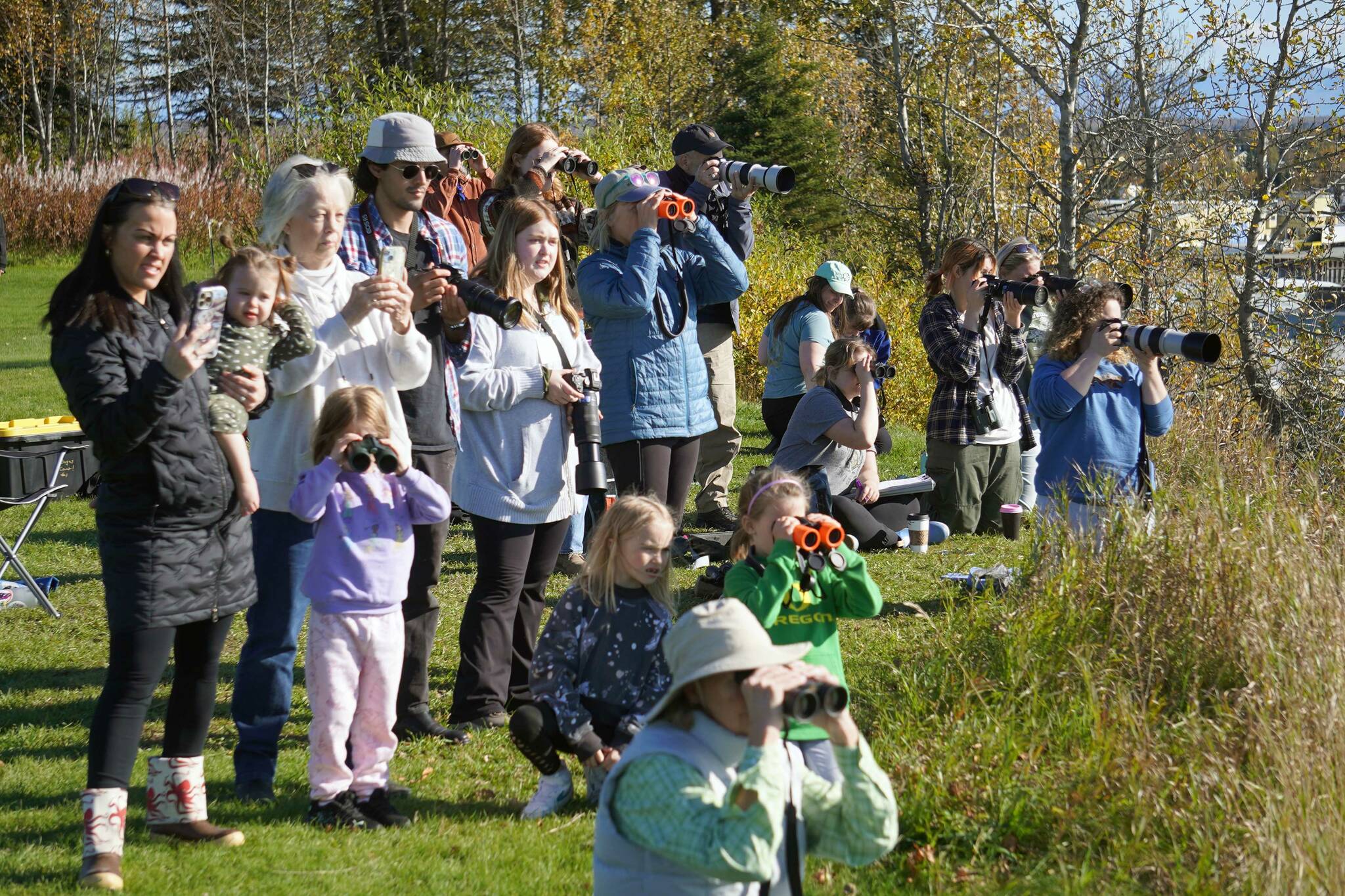 Attendees seek out endangered Cook Inlet belugas during Belugas Count! on the bluff above the Kenai River in Kenai, Alaska, on Saturday, Sept. 21, 2024. (Jake Dye/Peninsula Clarion)