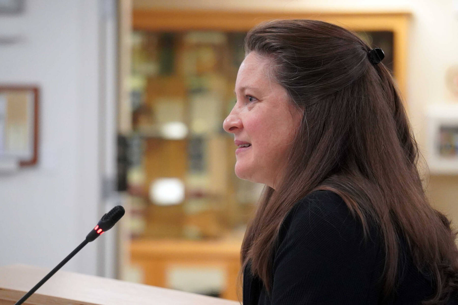 Virginia Morgan, volunteer director of the Cooper Landing Community Library, speaks to the Kenai Peninsula Borough Assembly on the Public Library Assistance Grant reduction on Tuesday, Sept. 17, 2024, in Soldotna, Alaska. (Jake Dye/Peninsula Clarion)