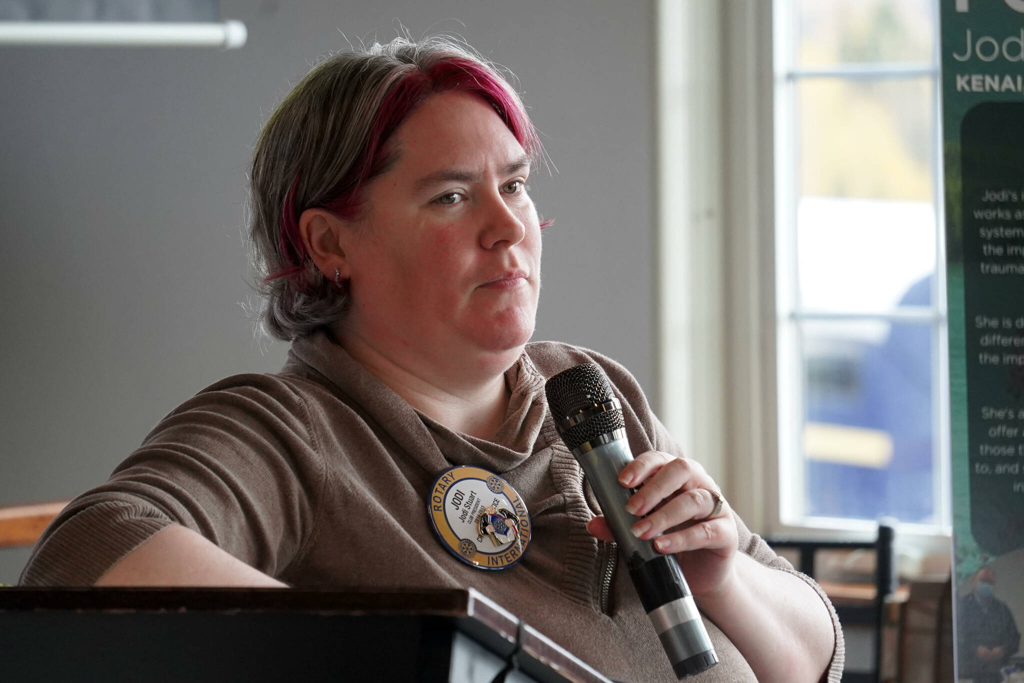 Jodi Stuart speaks after being recognized by the Alaska Children’s Trust as a “Champion for Kids” during a meeting of the Soldotna Rotary Club at Addie Camp in Soldotna, Alaska, on Thursday, Sept. 26, 2024. (Jake Dye/Peninsula Clarion)