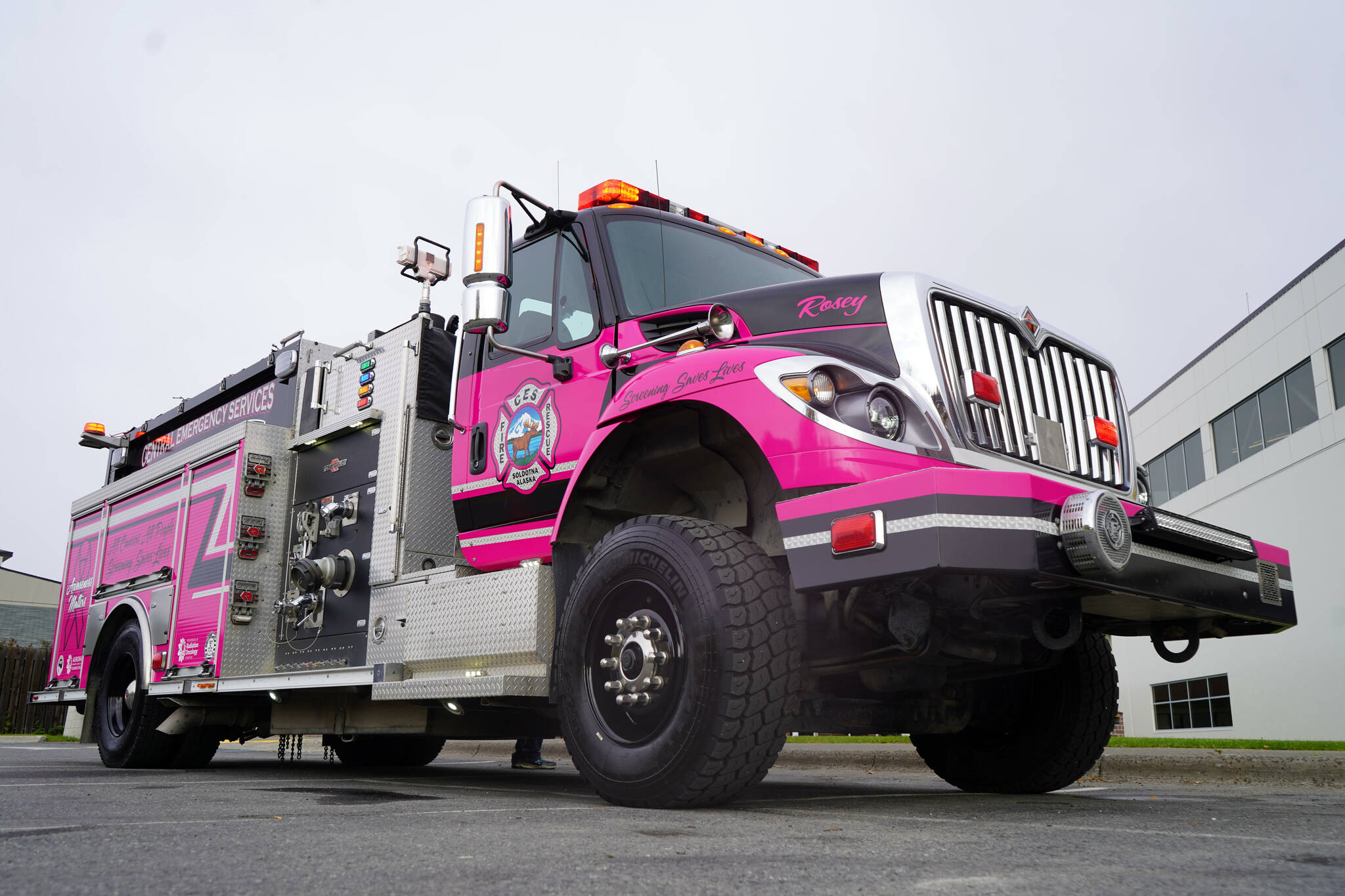 ”Miss Rosey,” a pink fire engine dedicated to raising awareness about cancer prevention and screening, is seen after her unveiling at Central Peninsula Hospital in Soldotna, Alaska, on Saturday, Sept. 28, 2024. (Jake Dye/Peninsula Clarion)