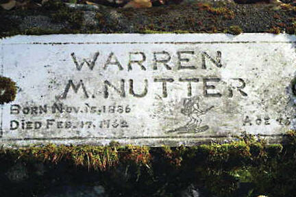 In the Hope Cemetery, the grave marker for Warren Melville Nutter contains errors in his birth year and his age. The illustration, however, captures his adventurous spirit. (Photo courtesy of findagrave.com)