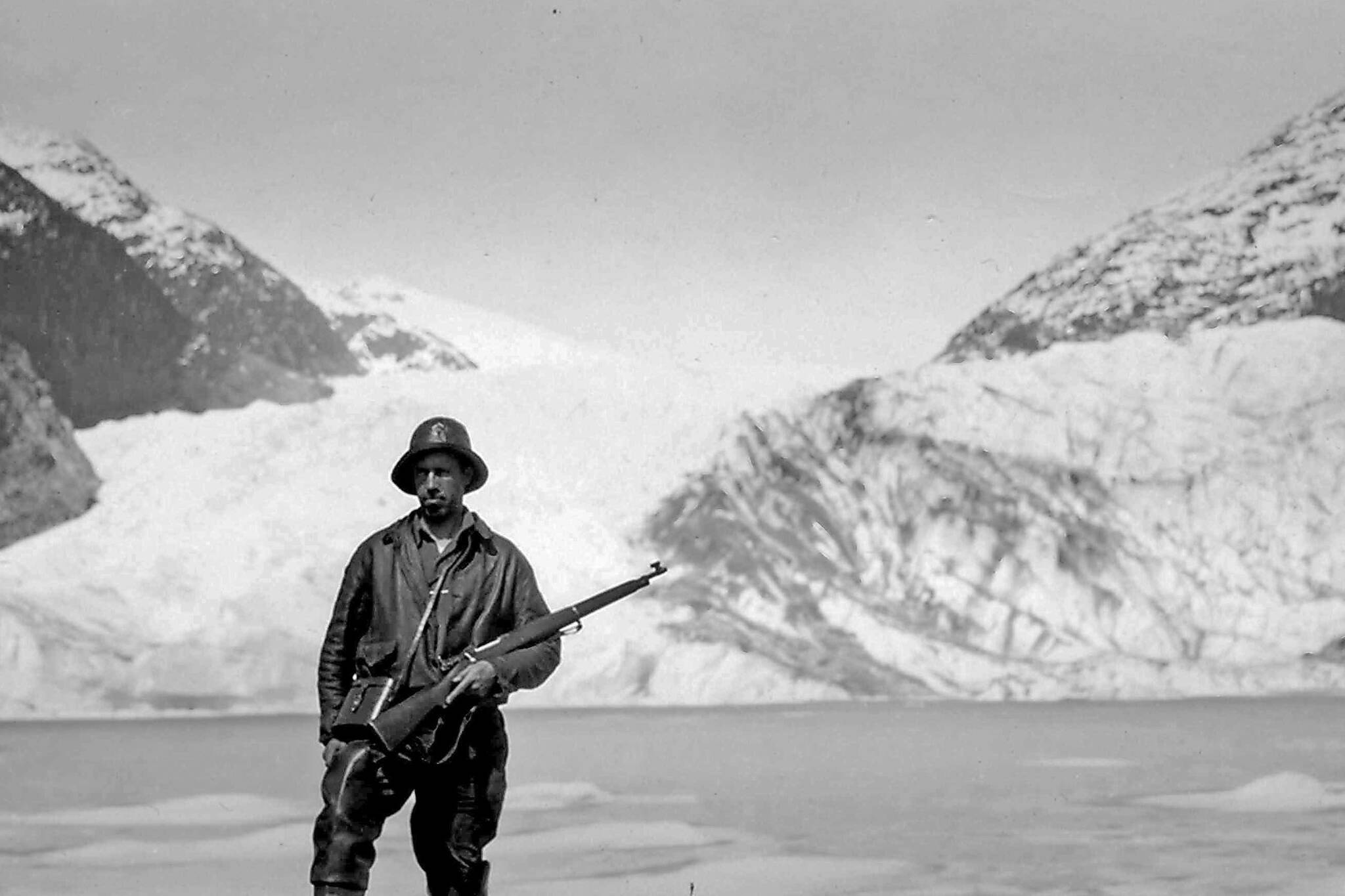 This photograph shows hunter/trapper Warren Melville Nutter near the lake at the foot of what was almost certainly Skilak Glacier, circa late 1930s. (Photo courtesy of the Nutter Family Collection)