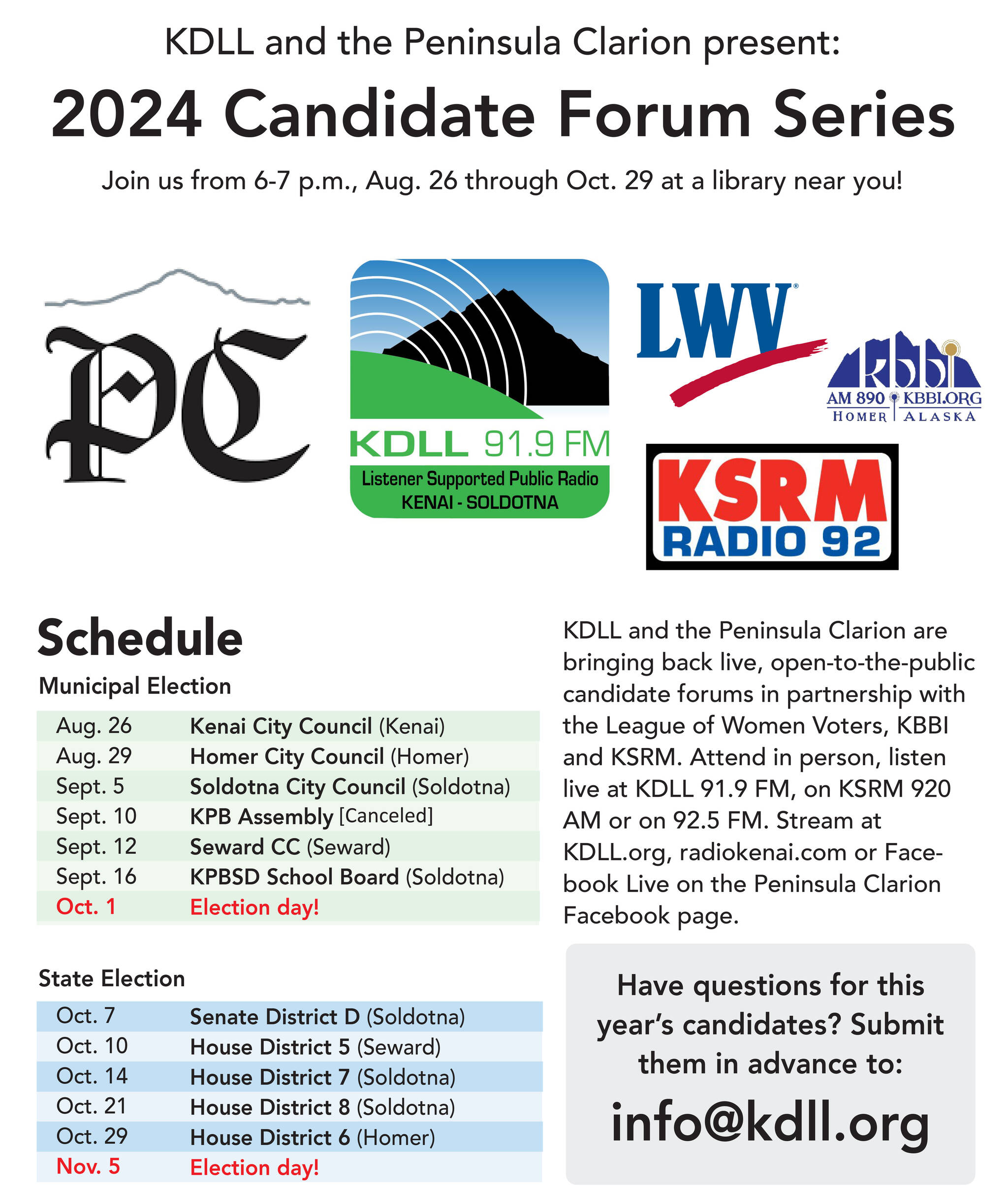 Flyer for the 2024 Candidate Forum Series by KDLL 91.9 FM and the Peninsula Clarion. (Ashlyn O’Hara/KDLL 91.9)