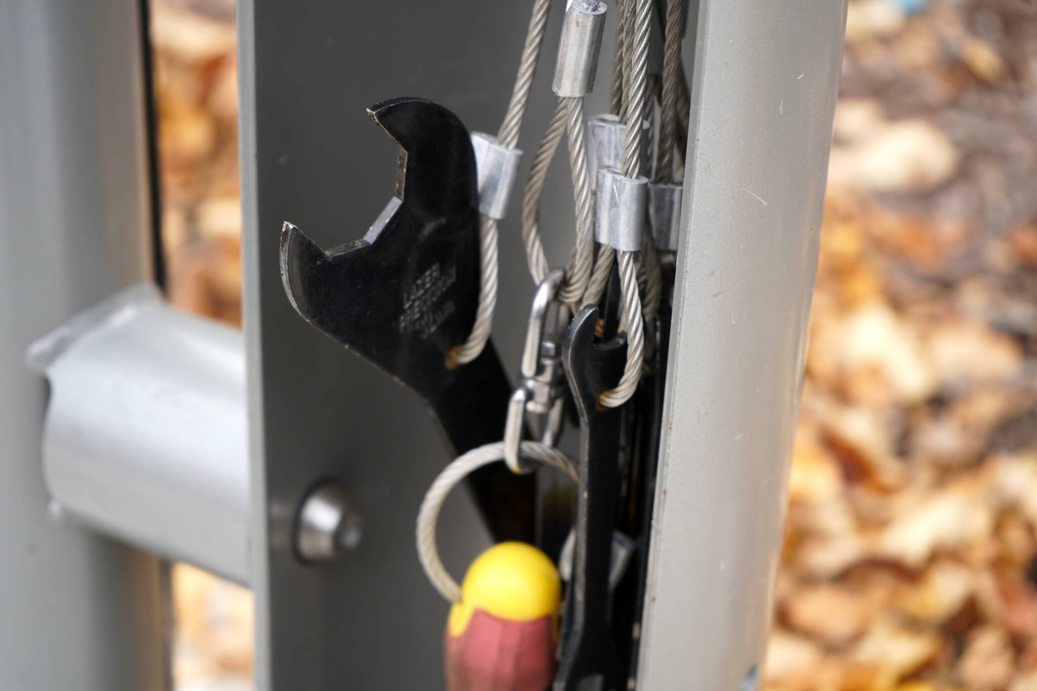 A bike rack and repair station are seen outside of the Kenai Community Library in Kenai, Alaska, on Thursday, Oct. 3, 2024. (Jake Dye/Peninsula Clarion)